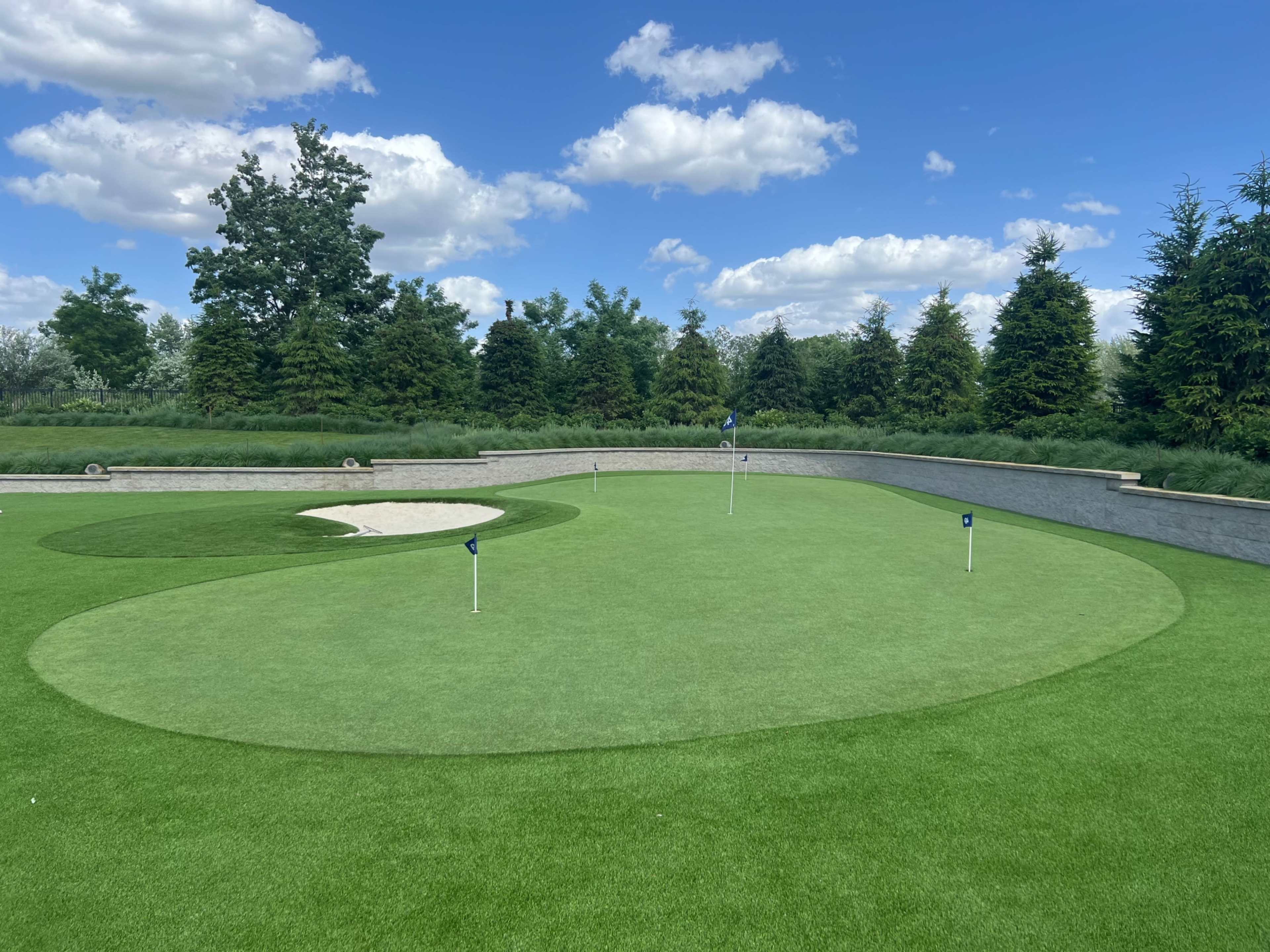 A well-maintained putting green with multiple flags, surrounded by manicured grass and trees under a partly cloudy sky.