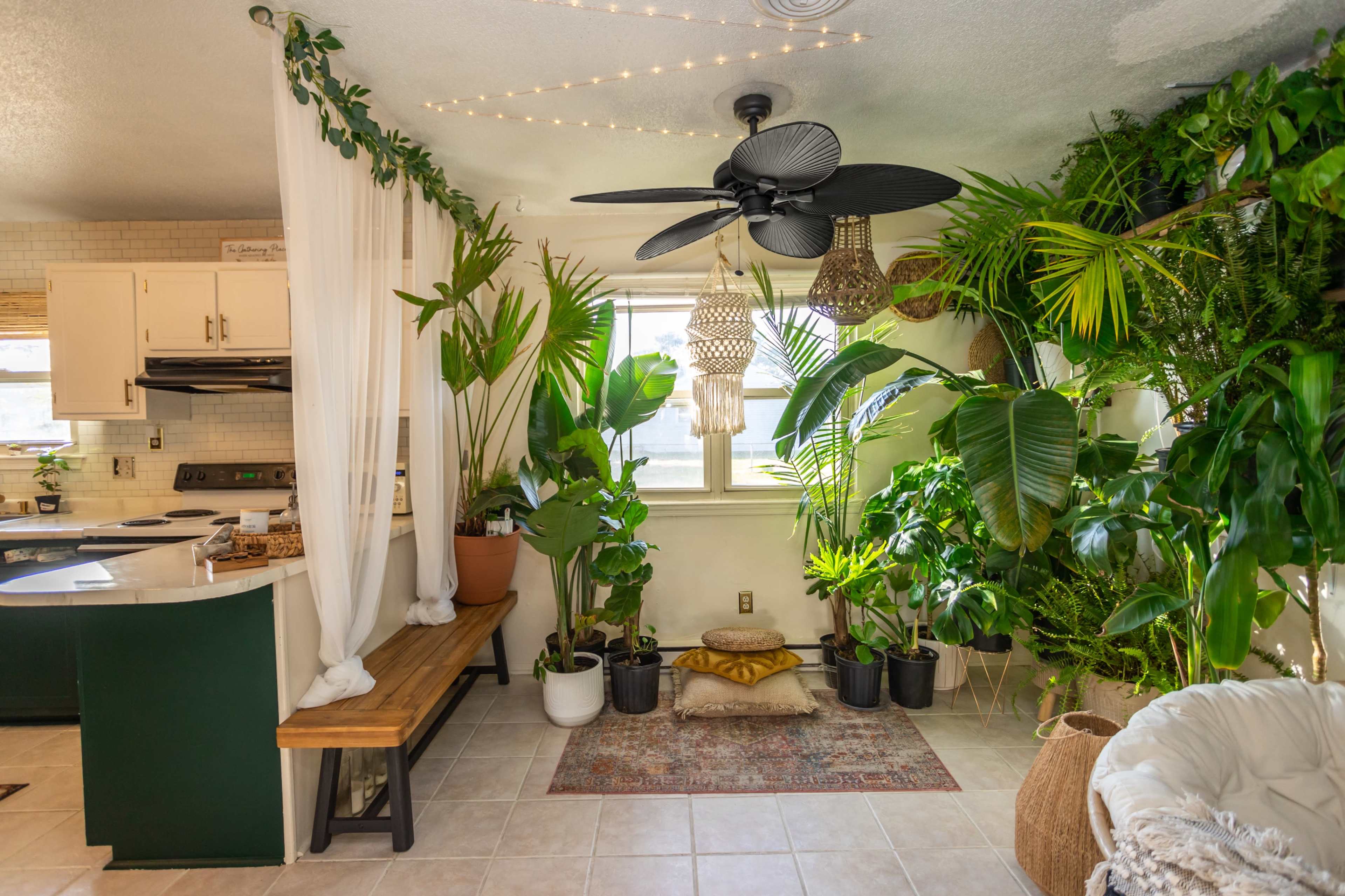 A bright indoor space filled with various potted plants, a kitchen area with a bench, and decorative lighting.