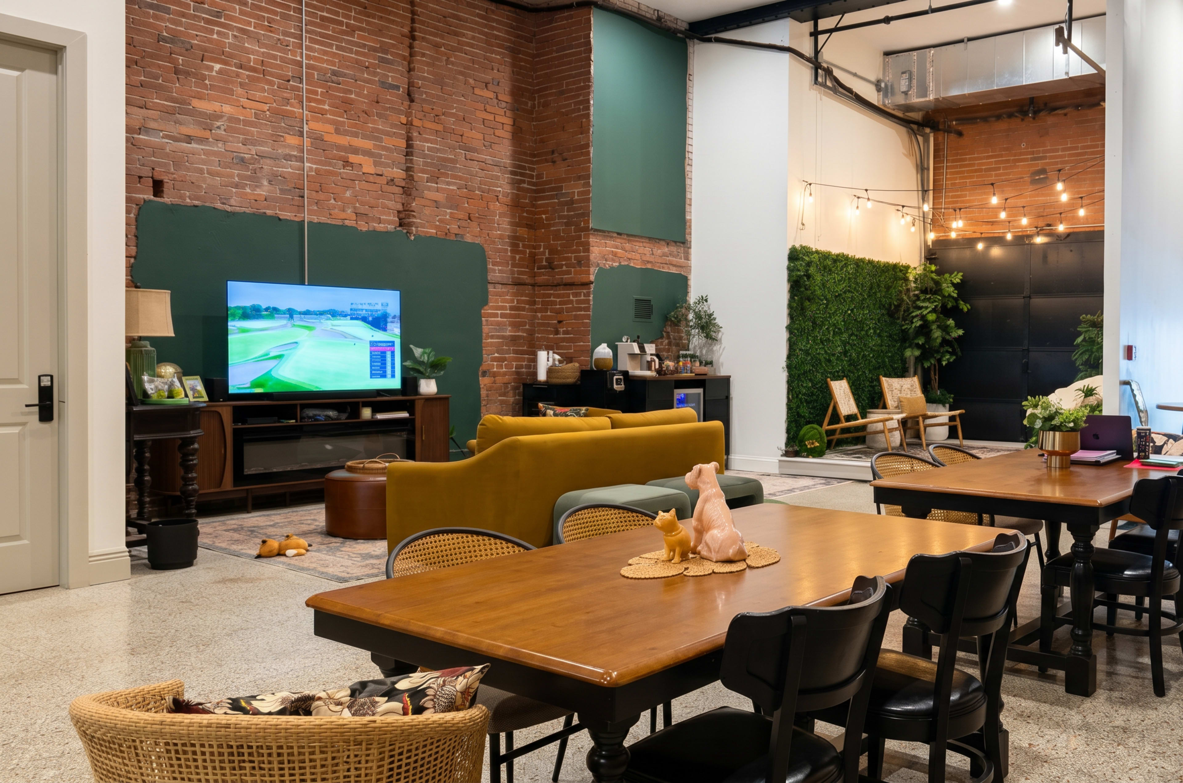 The scene features a modern living space with a large TV displaying a golf game, a green accent wall, a seating area with a yellow sofa, and a dining table surrounded by black and wicker chairs.
