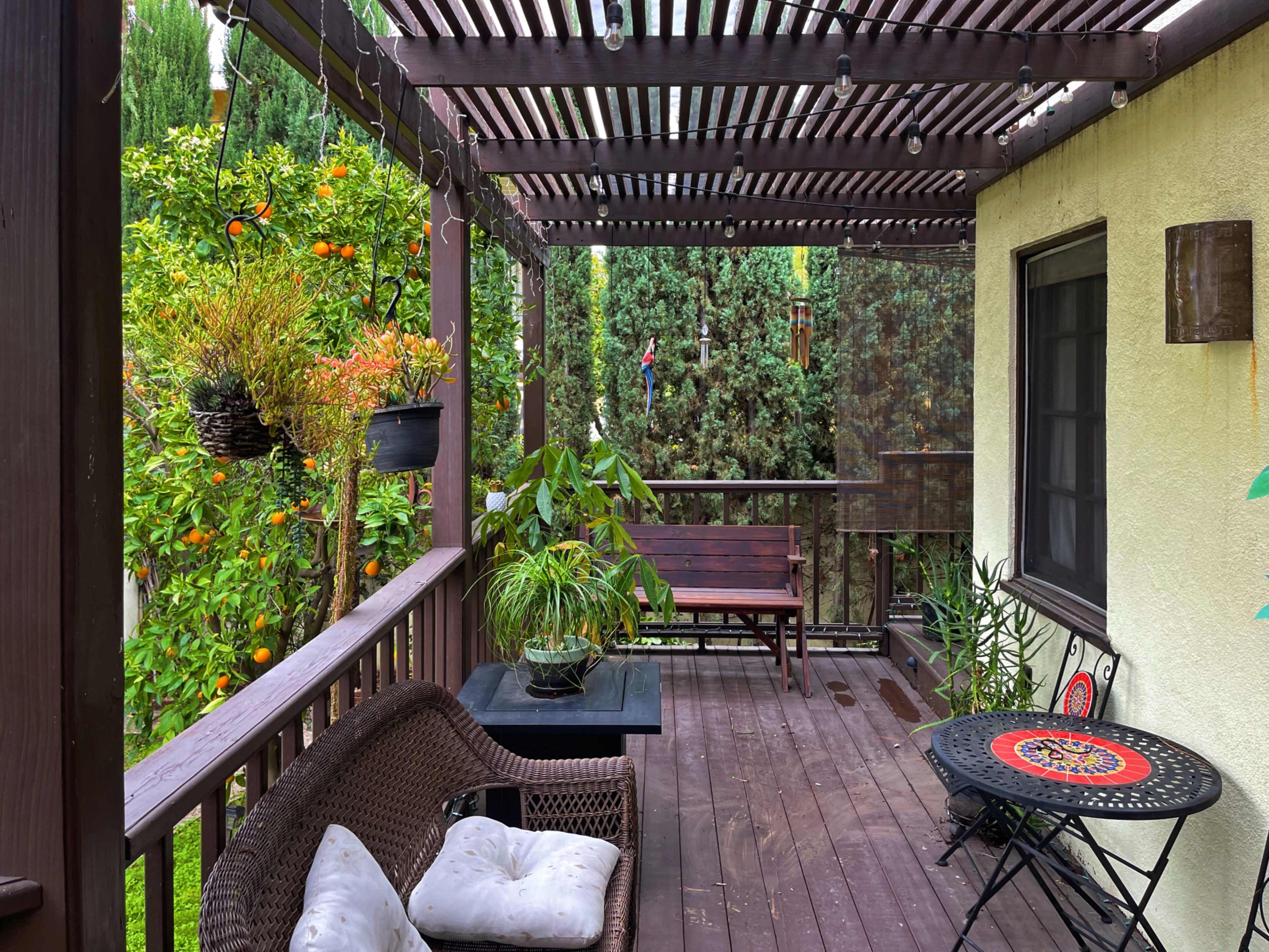 A wooden porch with a table and chairs, surrounded by potted plants and greenery, under a pergola with hanging lights.