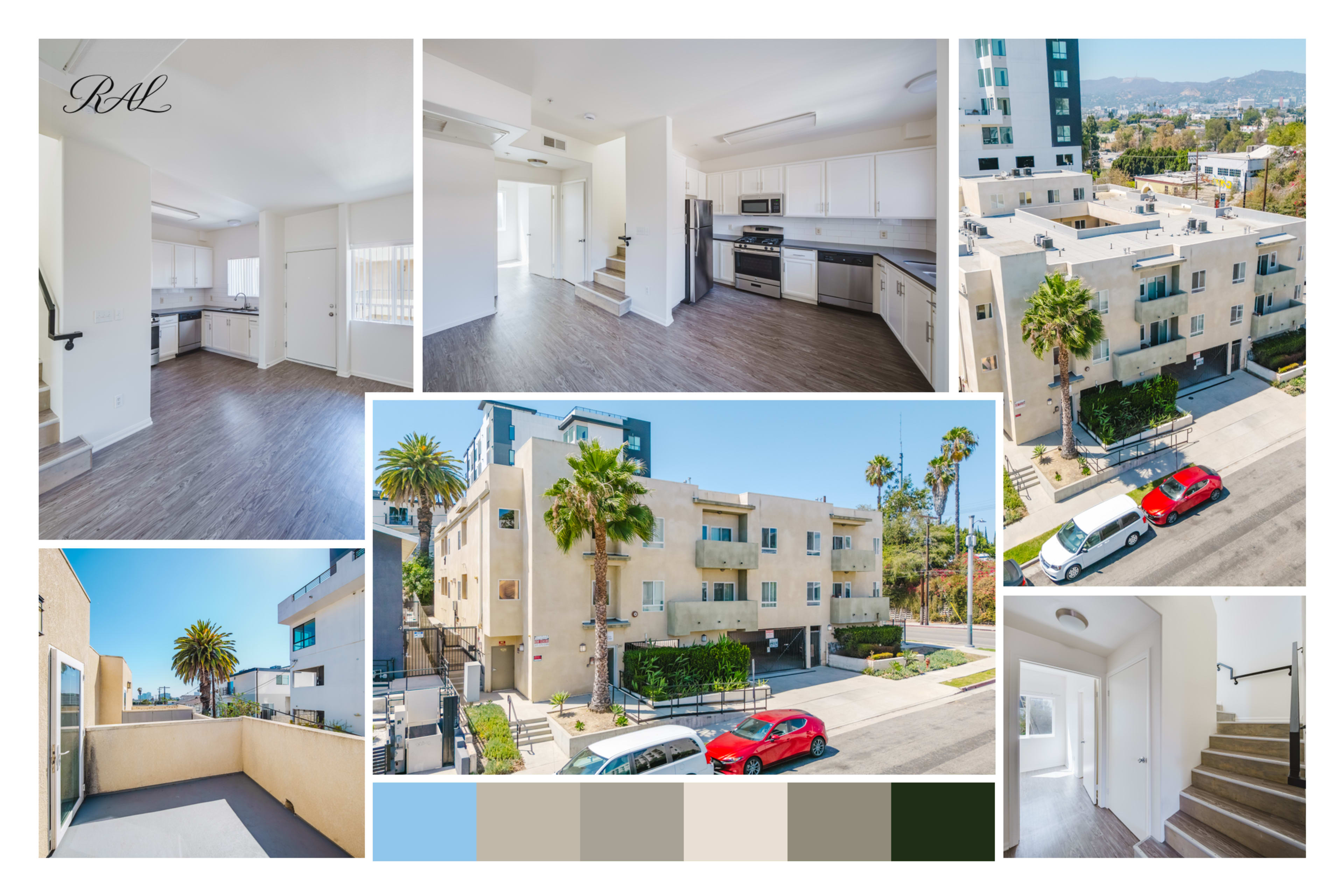 The image showcases a modern multi-story building with apartments, featuring an open floor plan, a kitchen area, and a balcony, surrounded by palm trees and parked cars.
