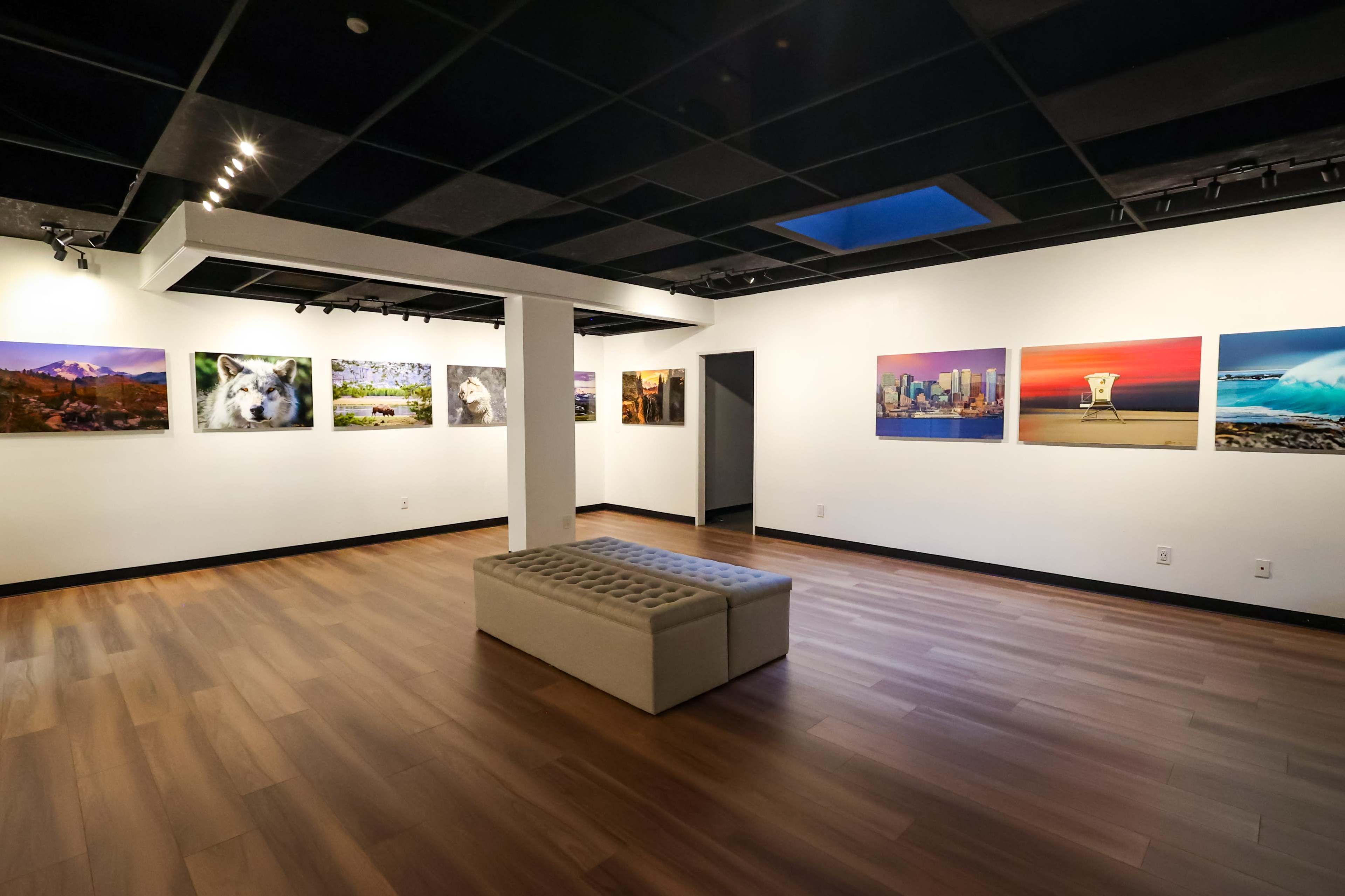 A spacious art gallery with wooden flooring, featuring various framed photographs on the walls and a central upholstered bench in the middle.
