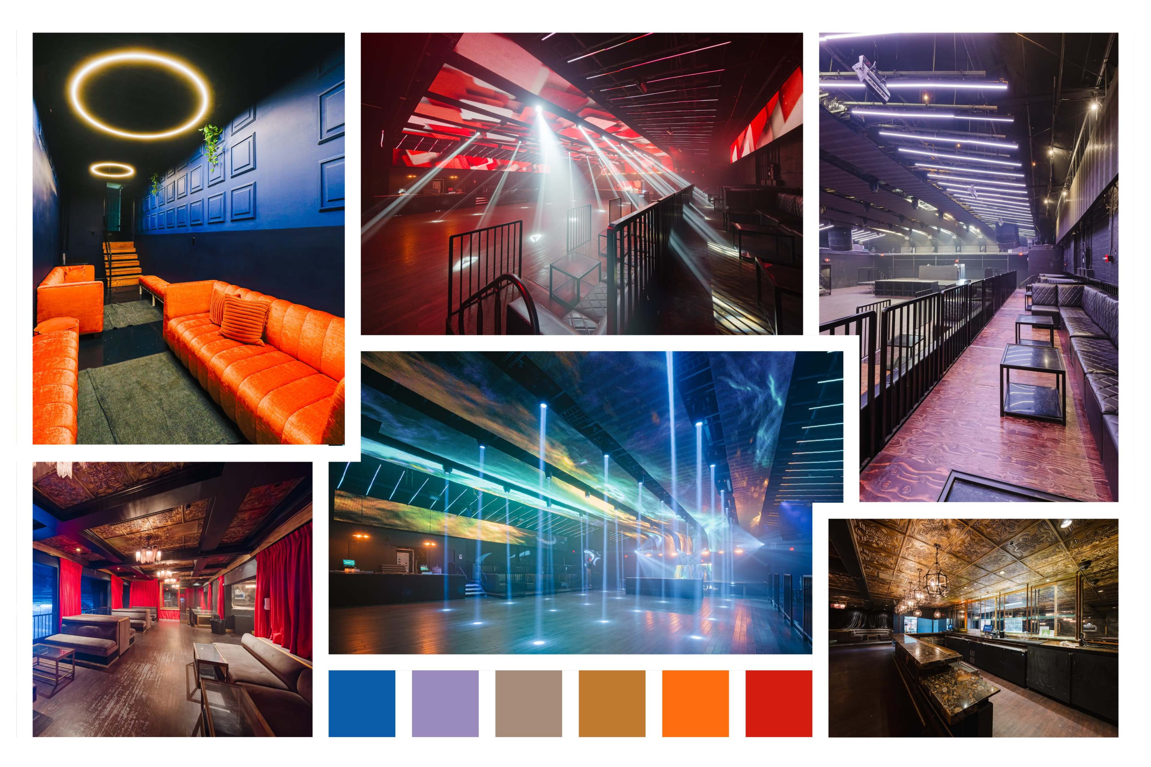 Various interior views of a modern nightclub featuring vibrant lighting, seating areas, and a spacious dance floor.