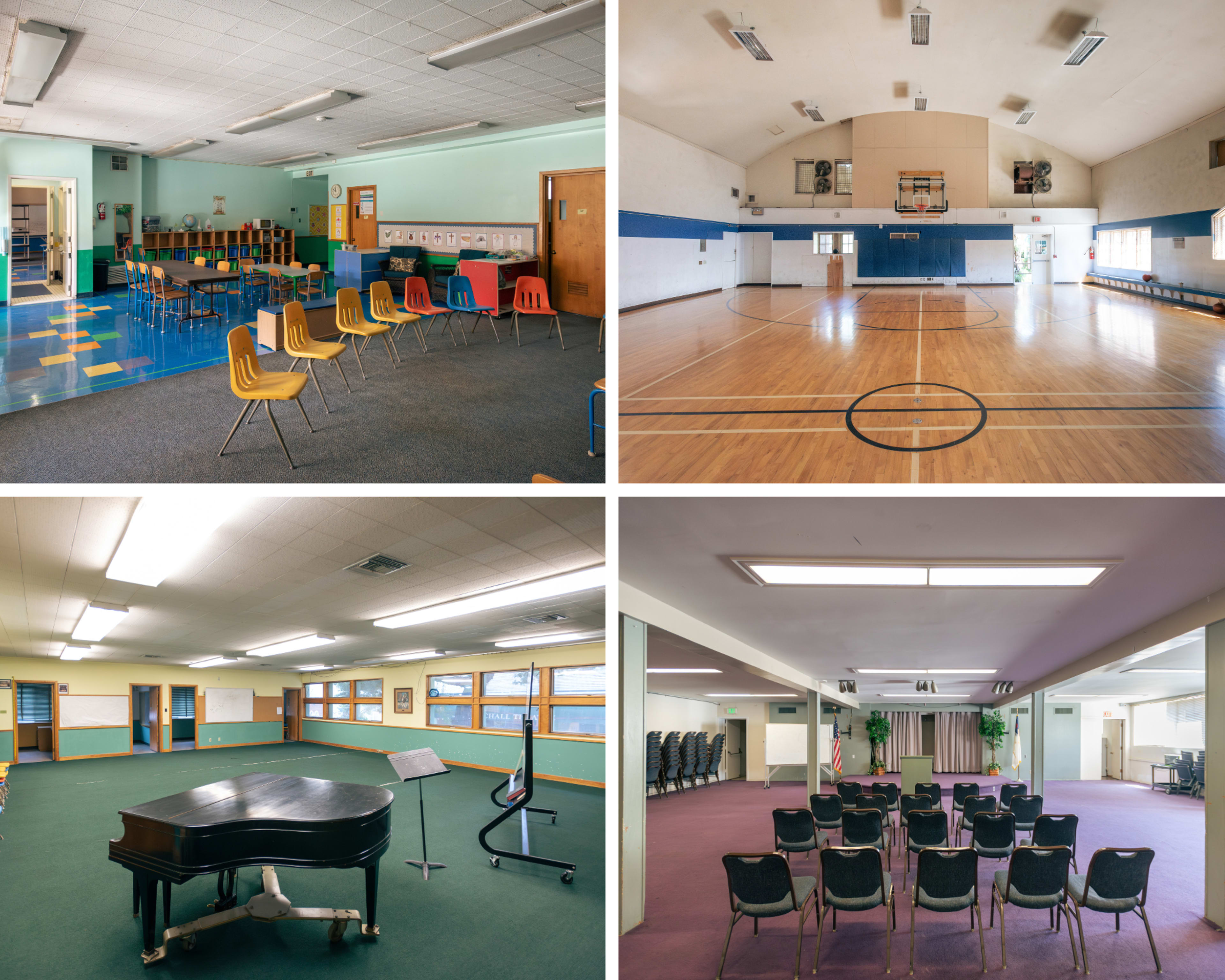 The image shows four sections of a school facility, including a classroom with chairs, a gymnasium with basketball equipment, a room with a piano and music stand, and an assembly area with seats arranged for an audience.