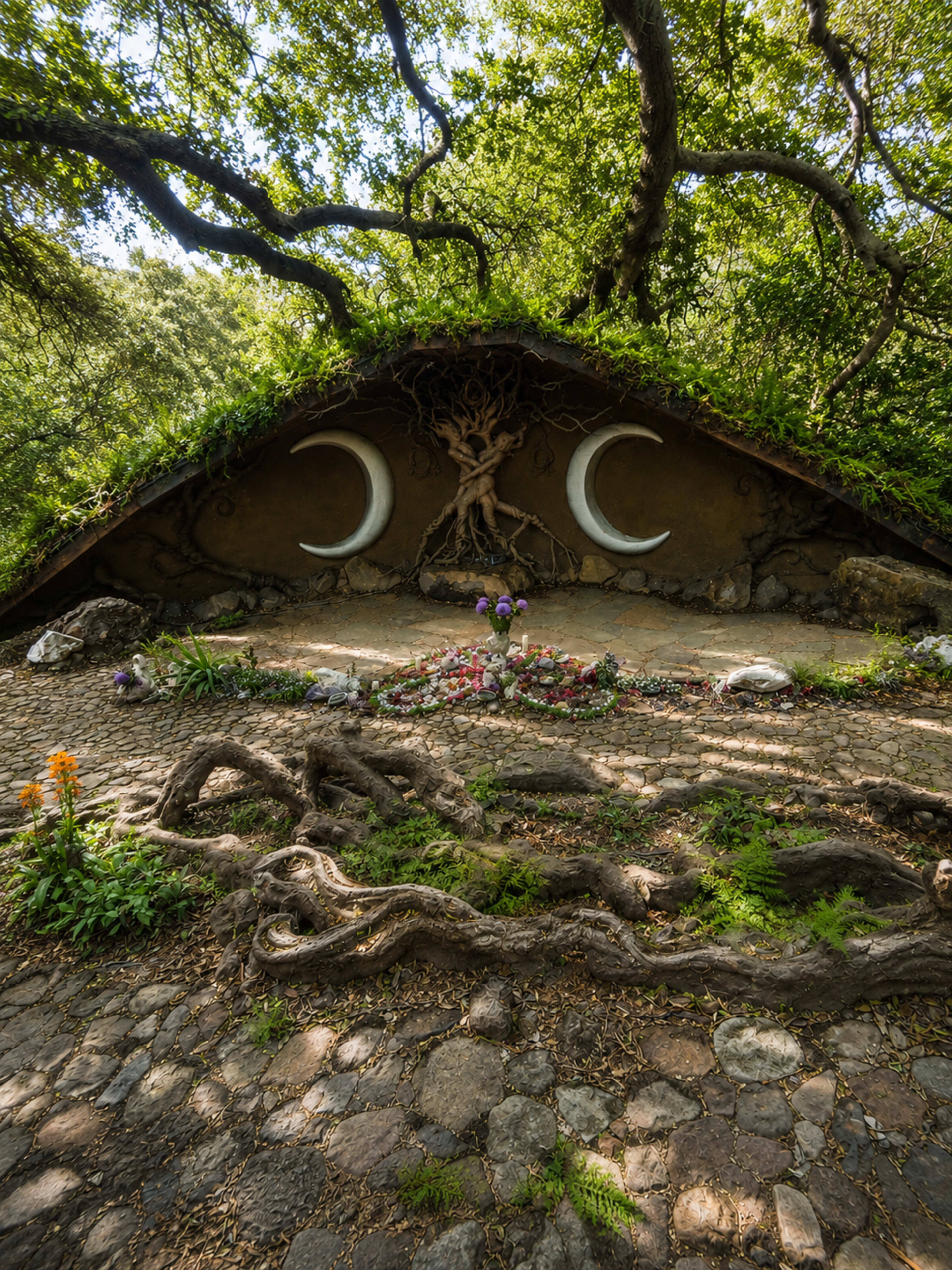 The image depicts a whimsical garden scene featuring a curved, earthy structure adorned with crescent moon motifs and surrounded by lush greenery and flowers along a cobblestone pathway.