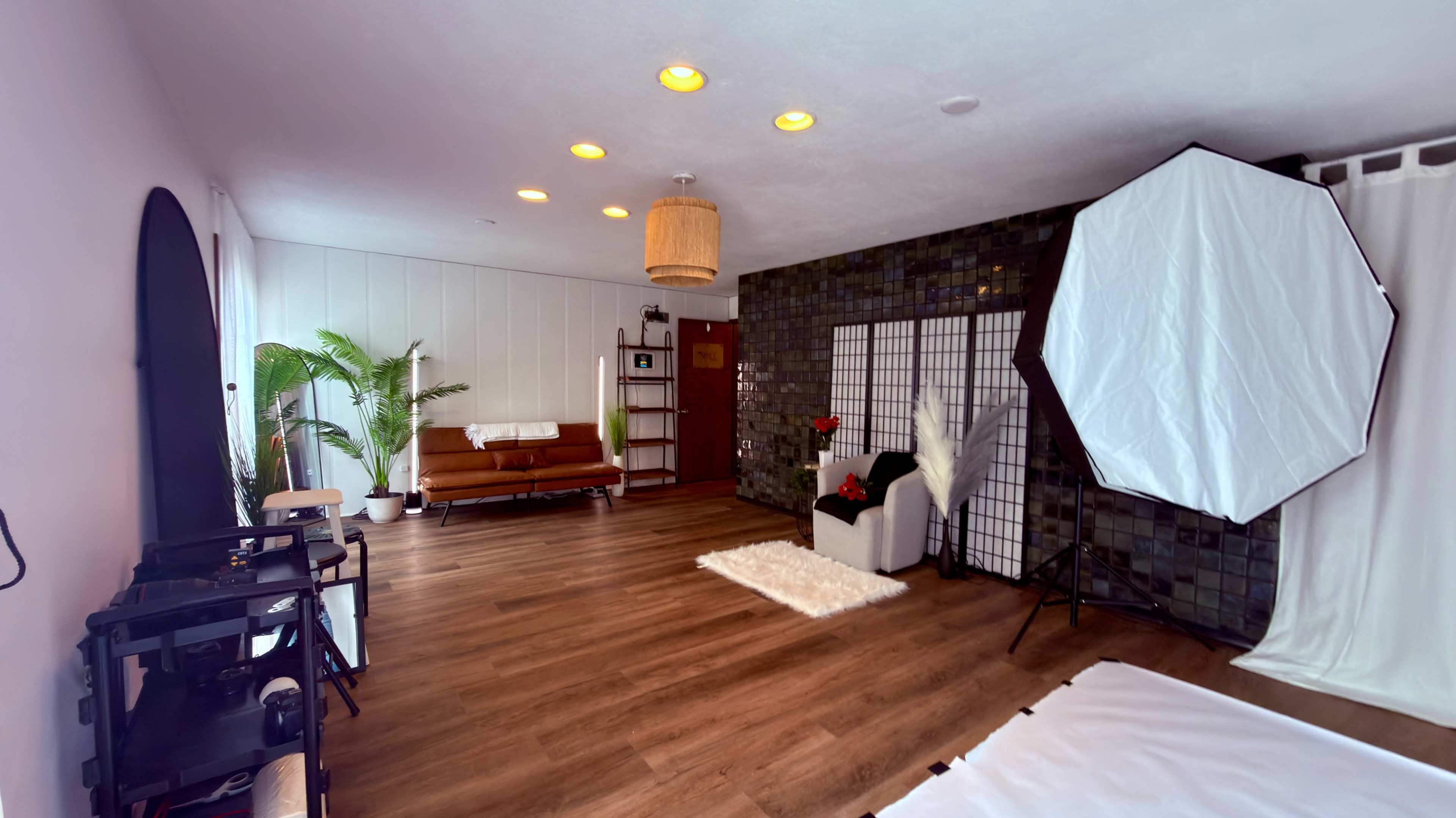 The image shows a spacious indoor studio featuring a comfortable seating area, a large lighting setup, and decorative elements like plants and a shoji screen.