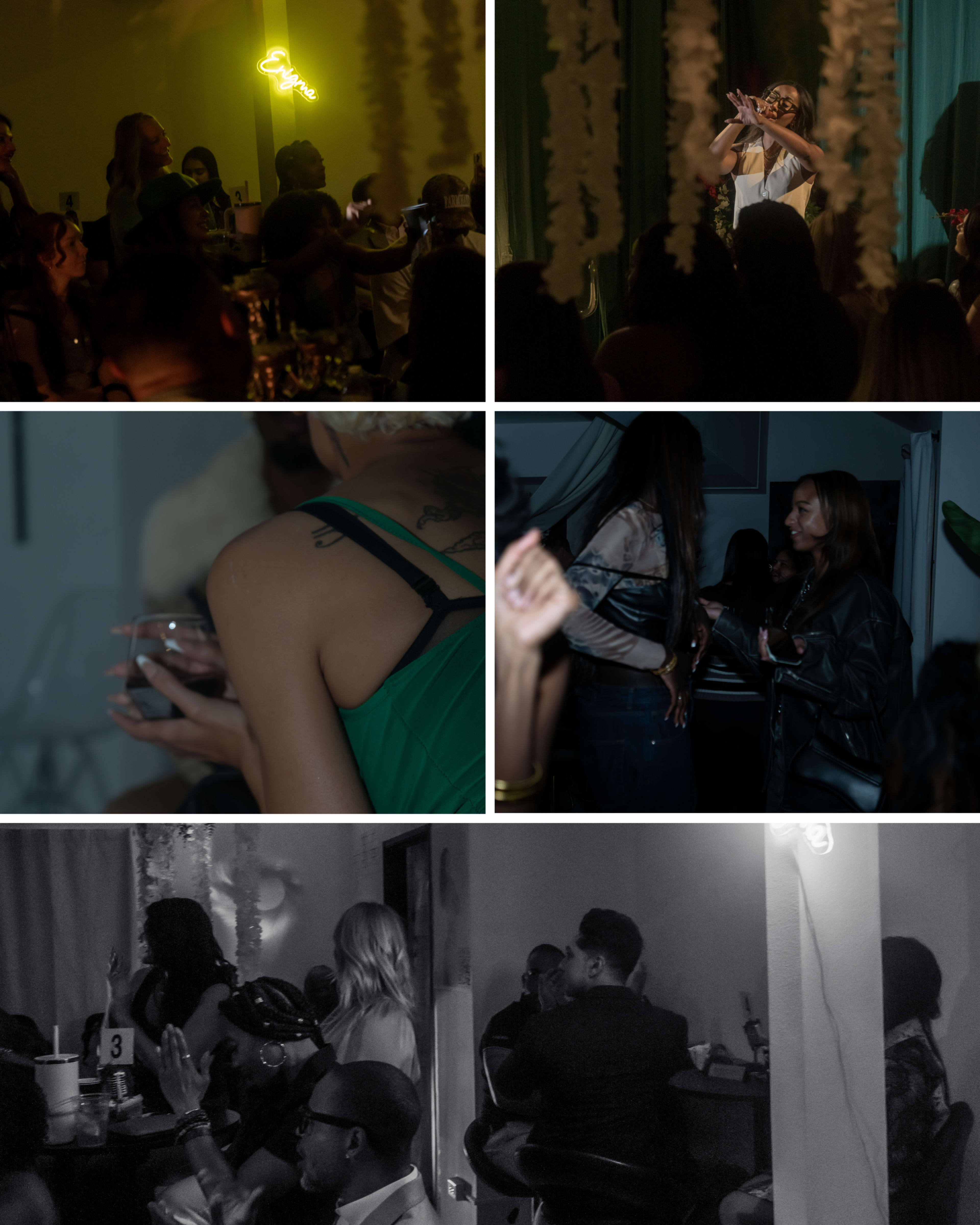 The image shows a lively indoor event featuring a performer on stage, an audience engaged around tables, a close-up of a person holding a drink, and a group of people socializing in a softly lit atmosphere.