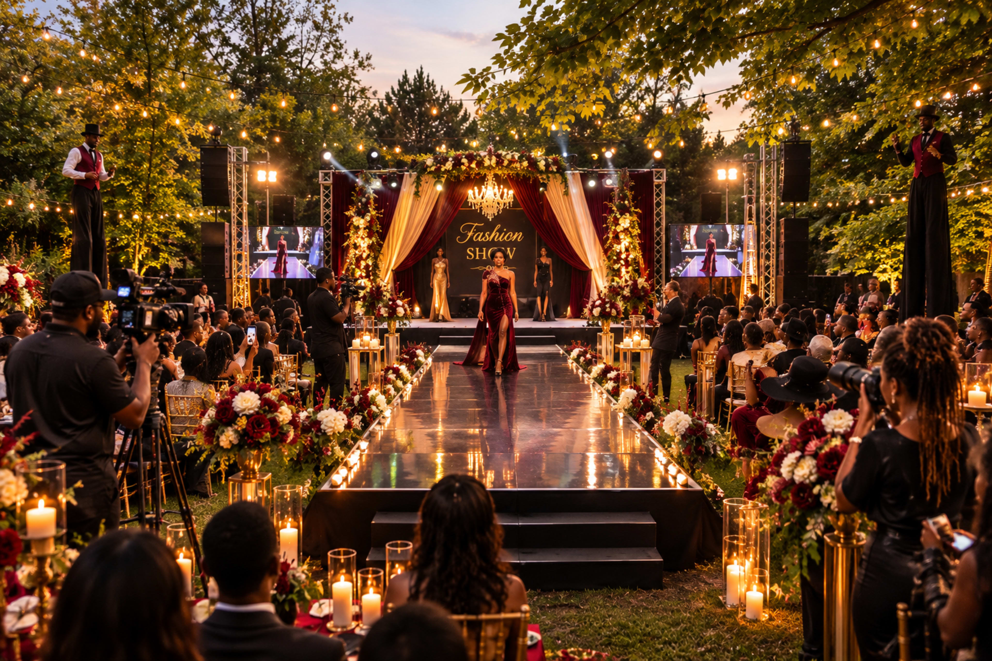 A fashion show featuring a model walking down a runway adorned with floral arrangements and candlelit tables, set in an outdoor venue surrounded by trees.