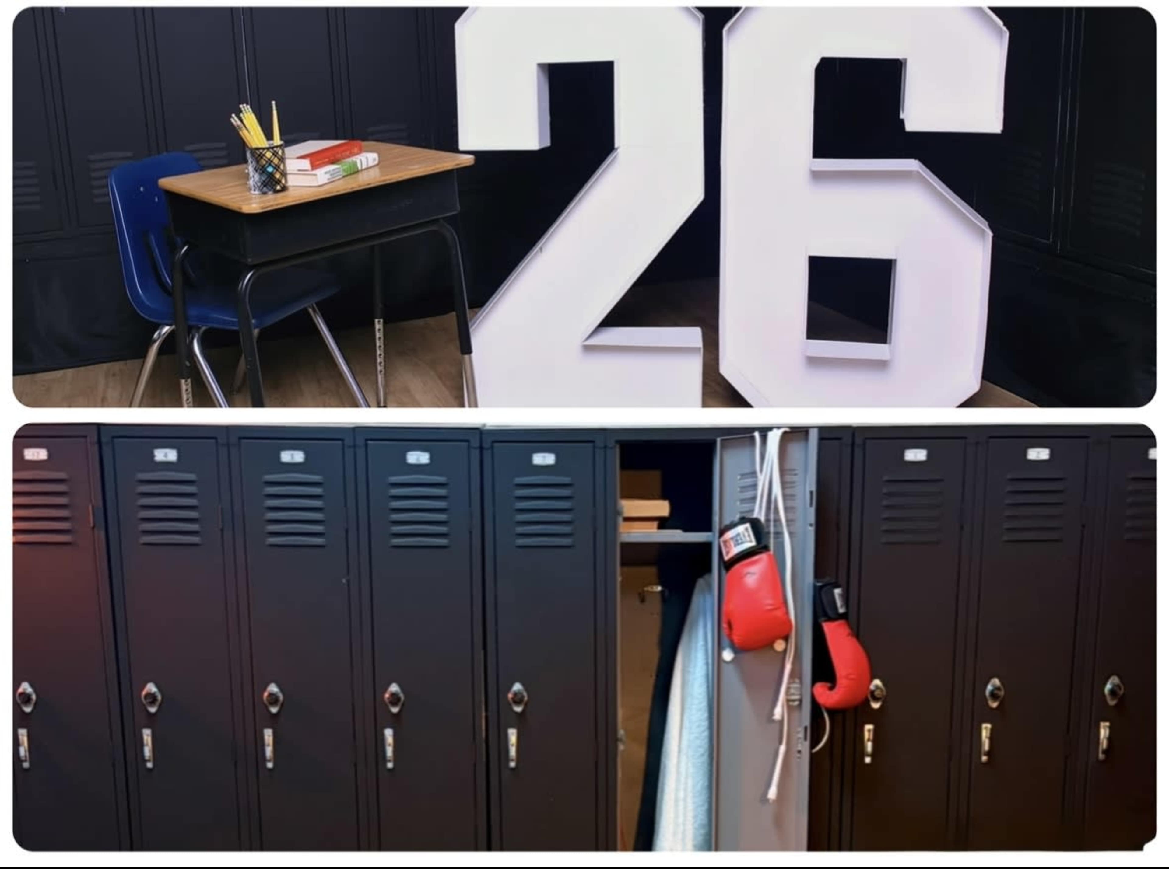 The image features a classroom scene with a desk and large number "26" alongside a row of lockers displaying boxing gloves.