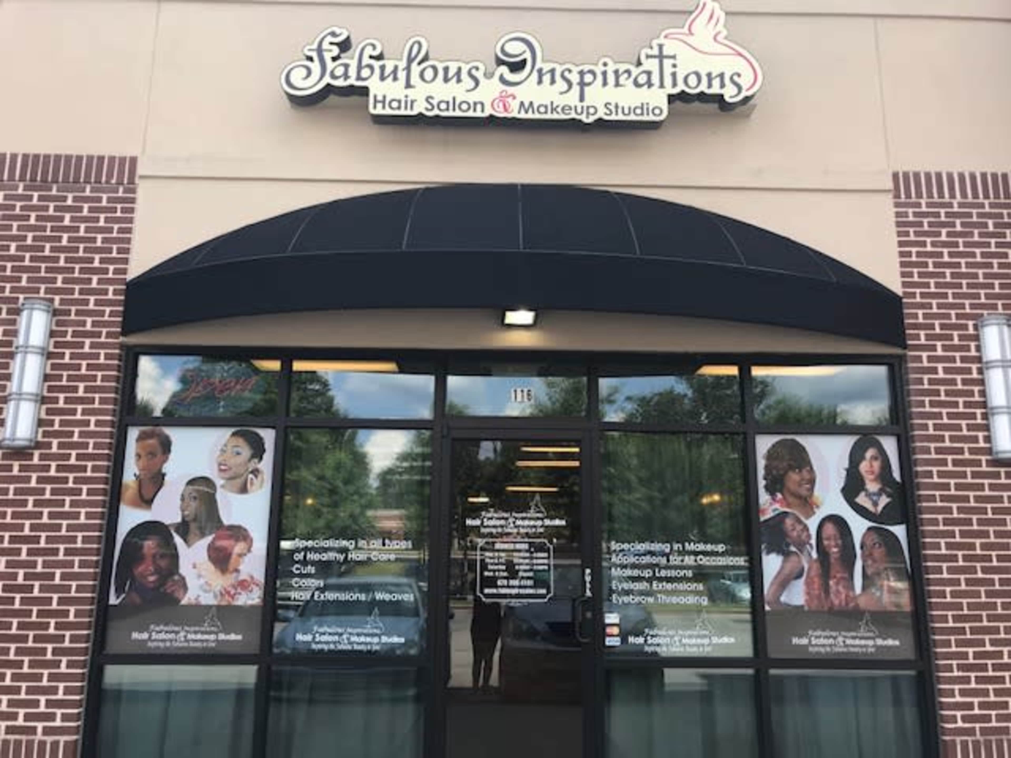 The image shows the storefront of "Fabulous Inspirations Hair Salon and Makeup Studio," featuring large windows with promotional images and text highlighting their services.