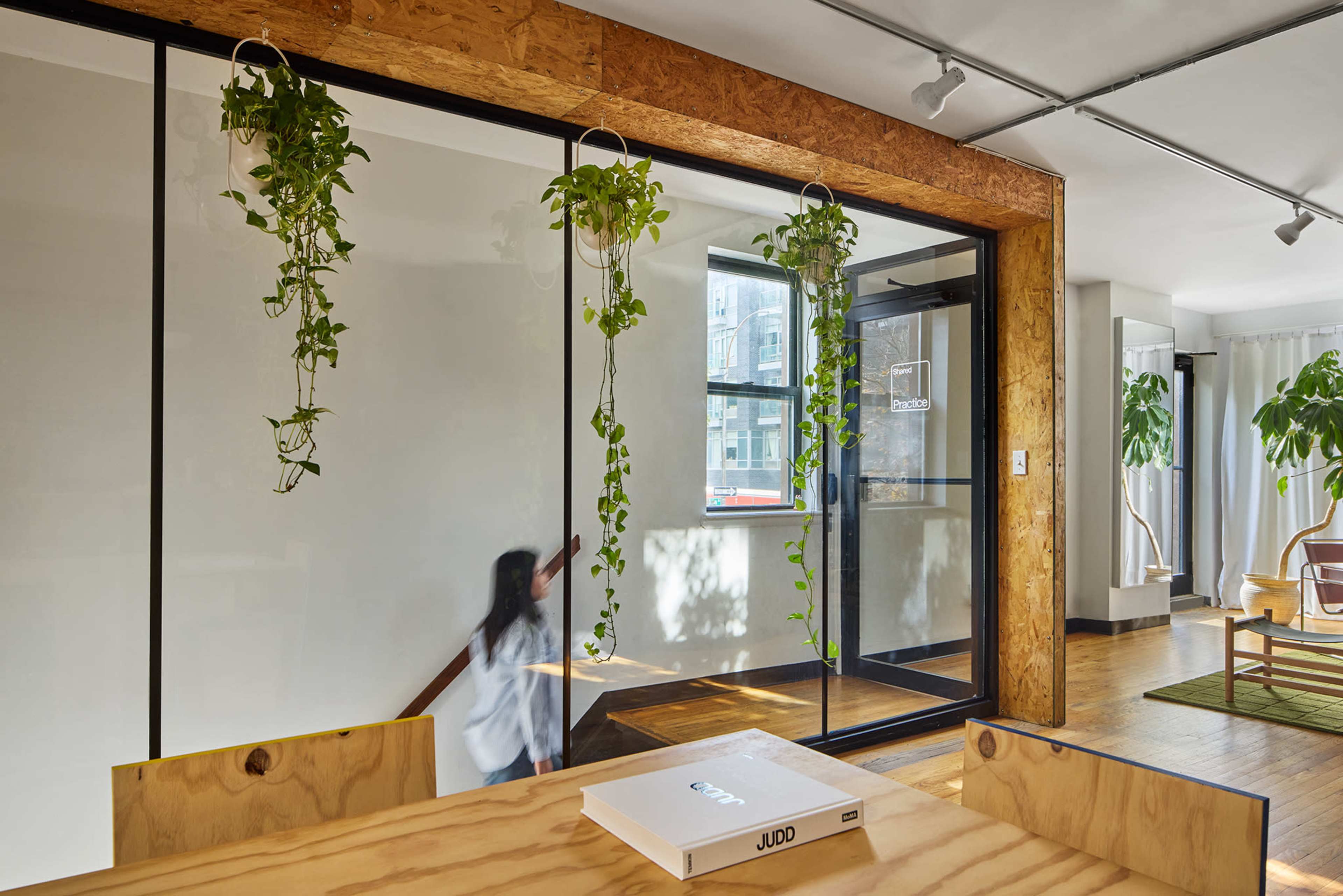 A person walks down a staircase beside a glass wall adorned with hanging plants in a modern office space featuring wooden elements.