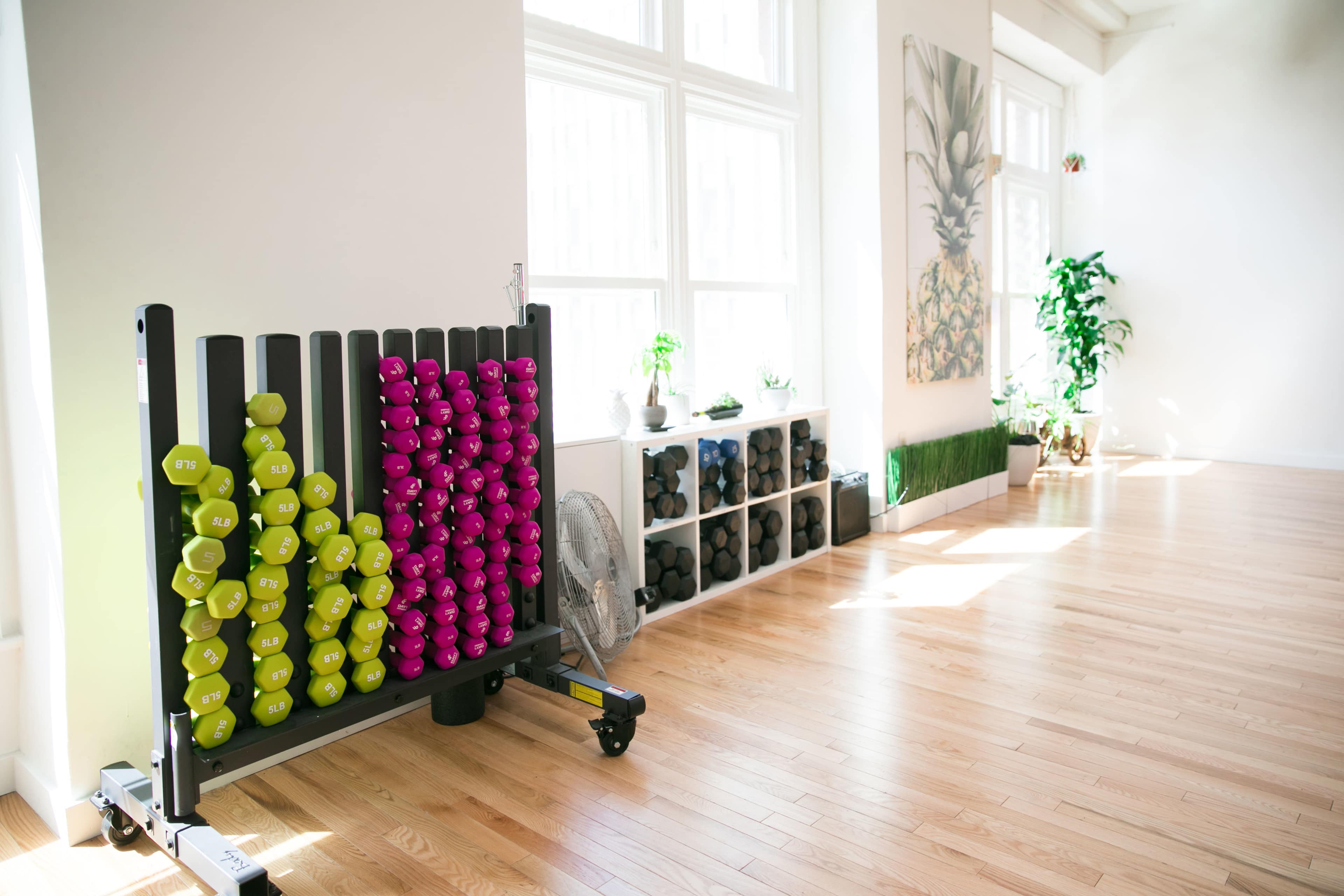 A rack of colorful dumbbells is positioned against a wall in a bright, spacious fitness studio with large windows.