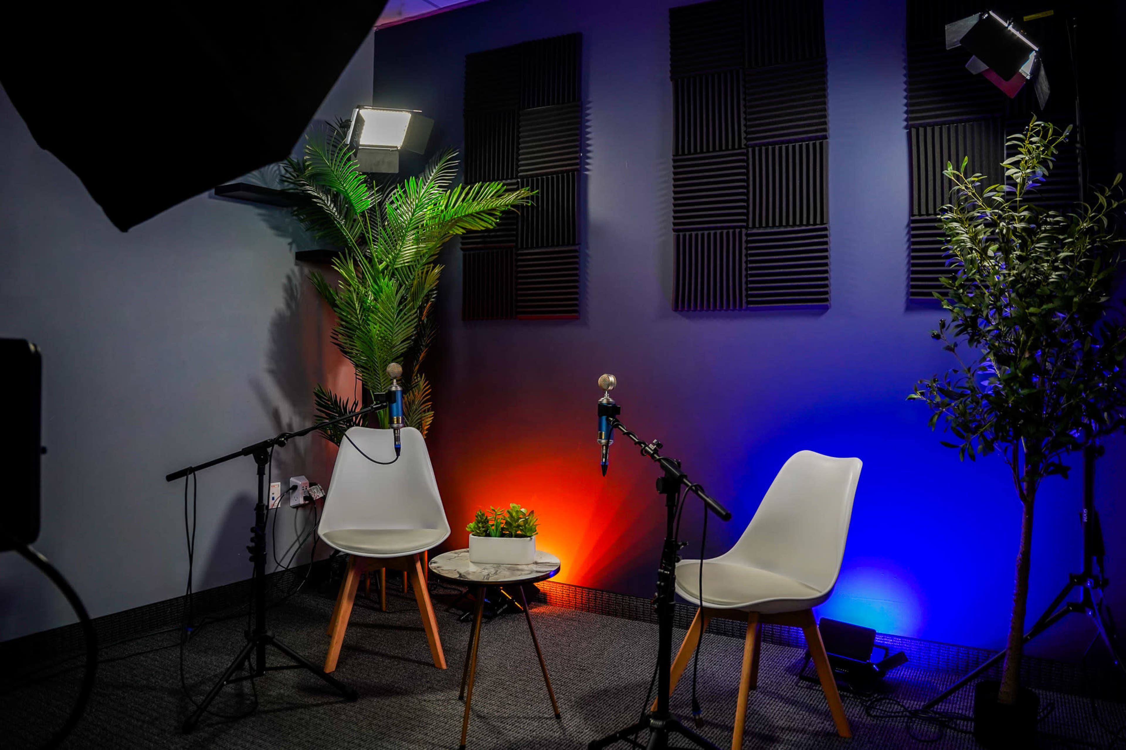 A podcast or interview setup with two white chairs, a small round table, and lighting against a backdrop of padded walls, plants, and microphones.
