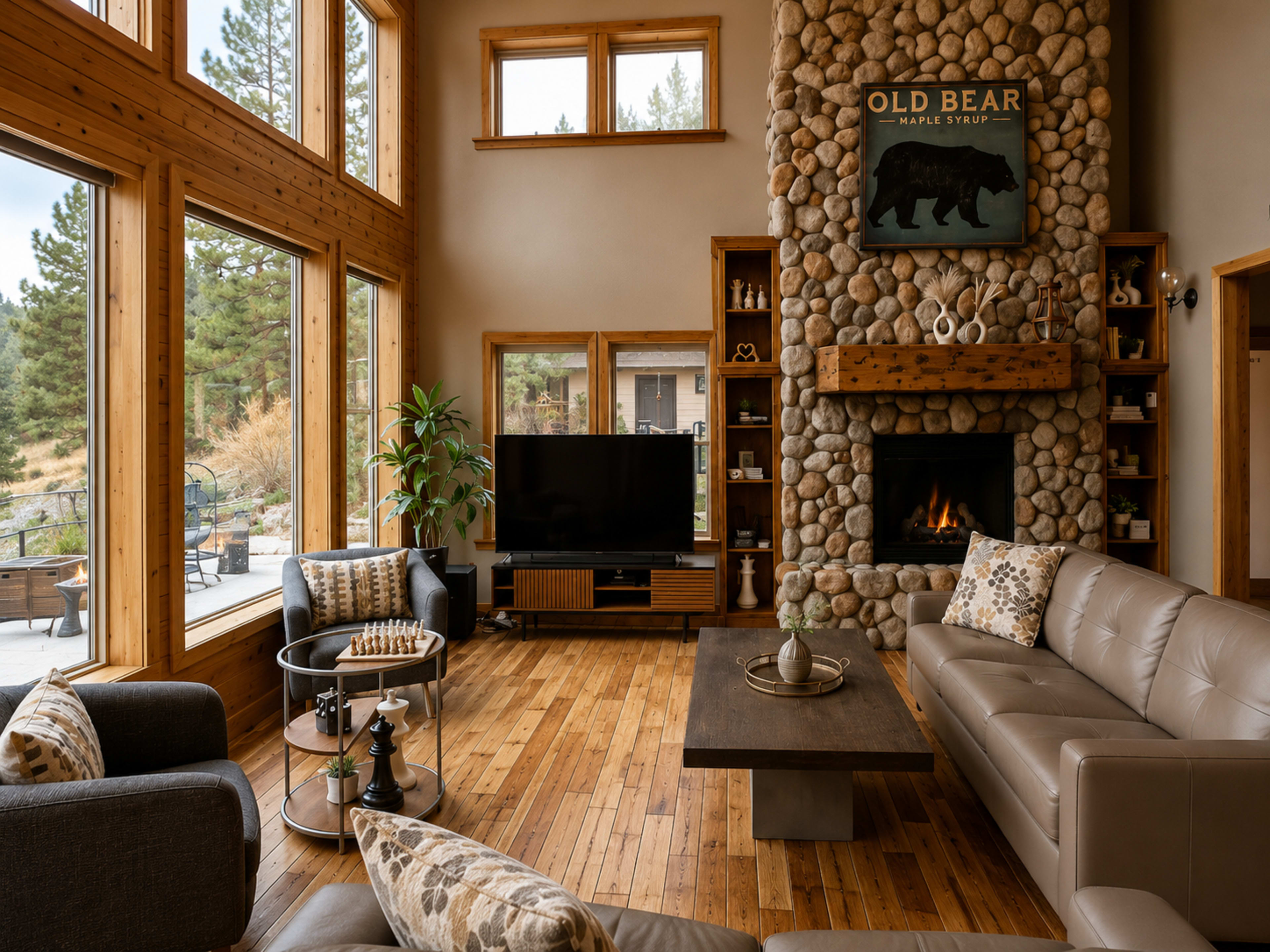 The image shows a spacious living room featuring a stone fireplace, large windows, and contemporary furniture arranged around a coffee table.