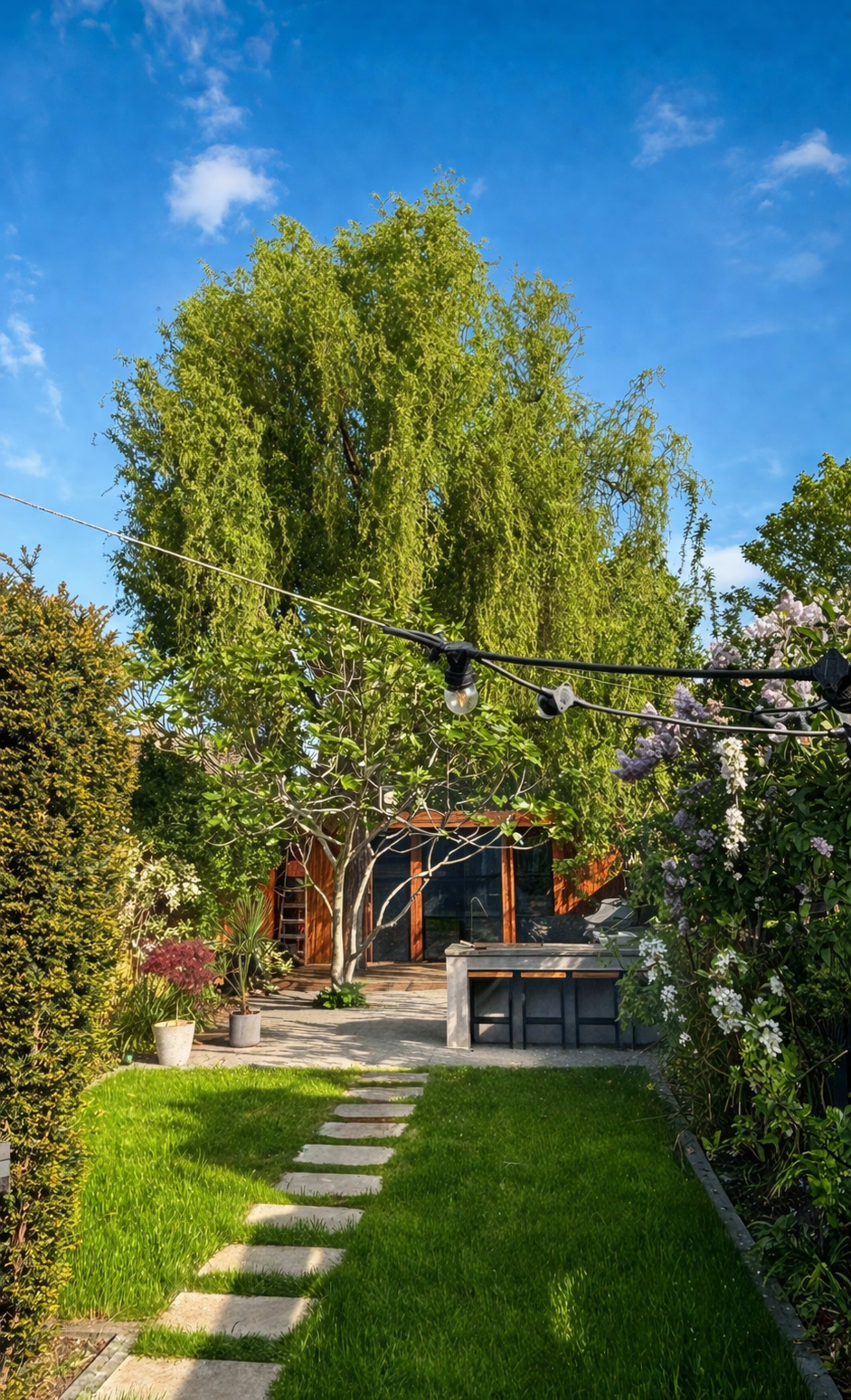 A well-maintained garden features a pathway of stone slabs leading to a seating area surrounded by greenery and a large tree.