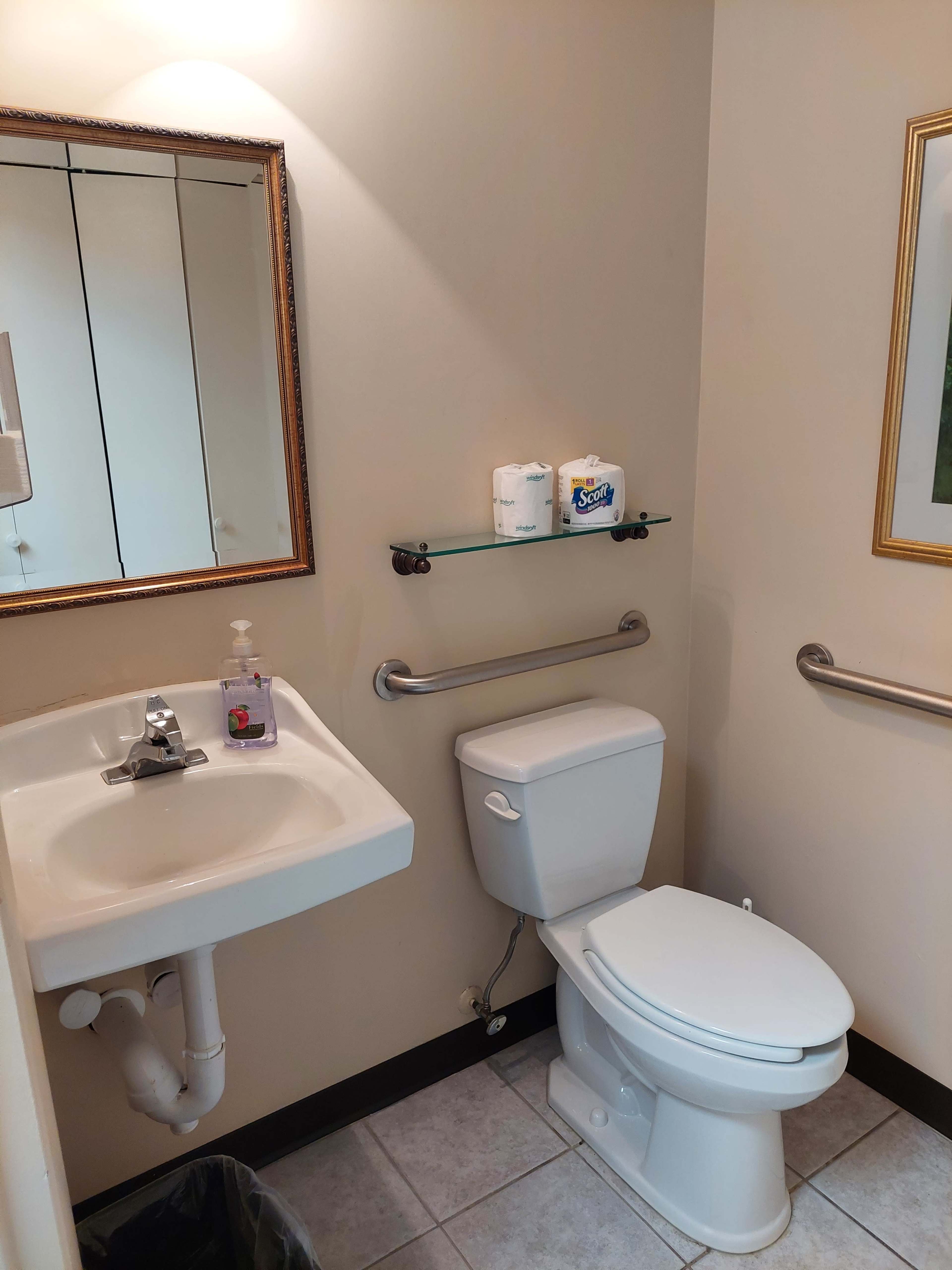 A small bathroom featuring a toilet, sink, mirror, and shelves with toilet paper and a hand sanitizer dispenser.