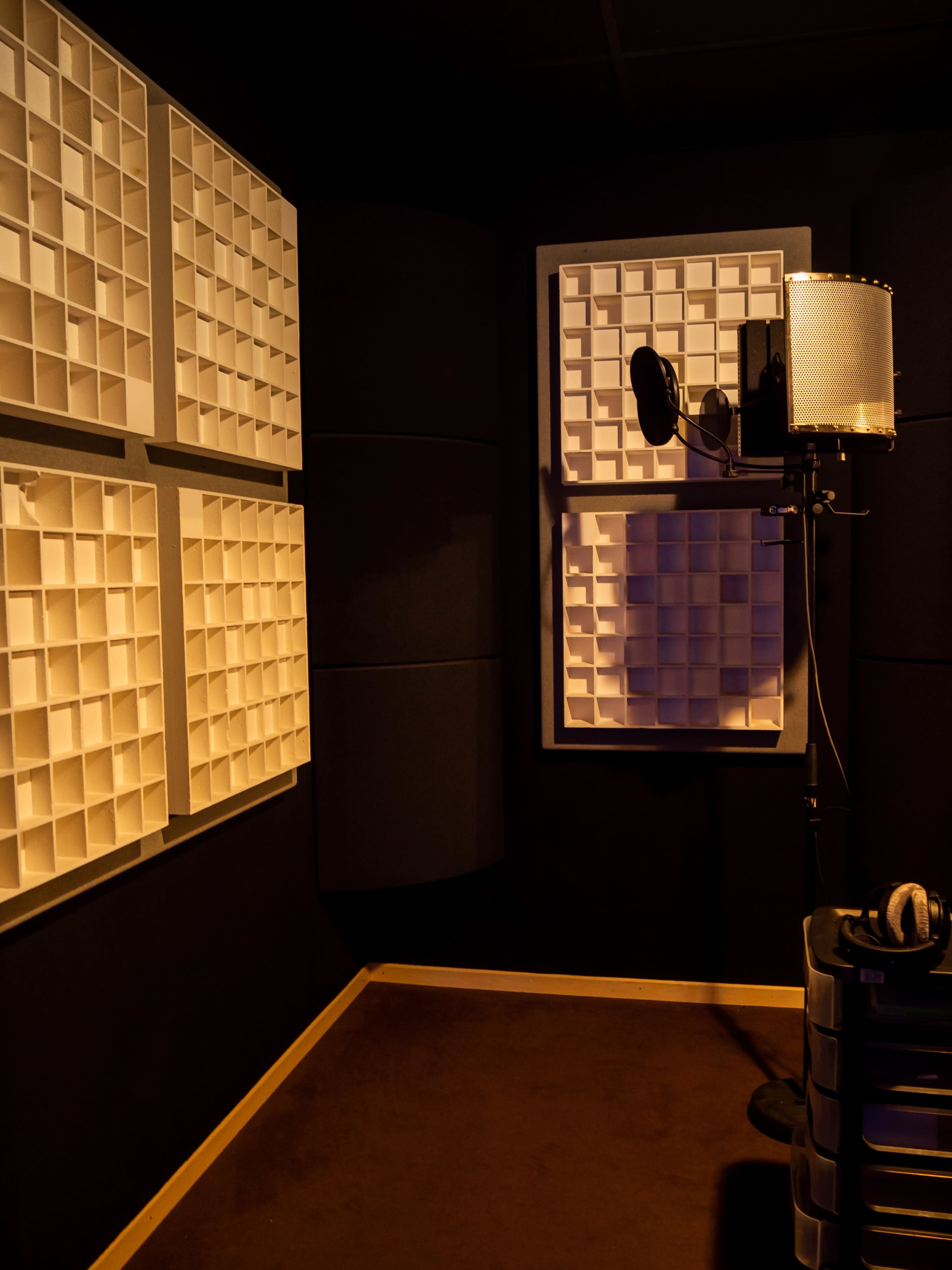 A recording studio with acoustic panels on the walls and a microphone stand positioned in front of them.