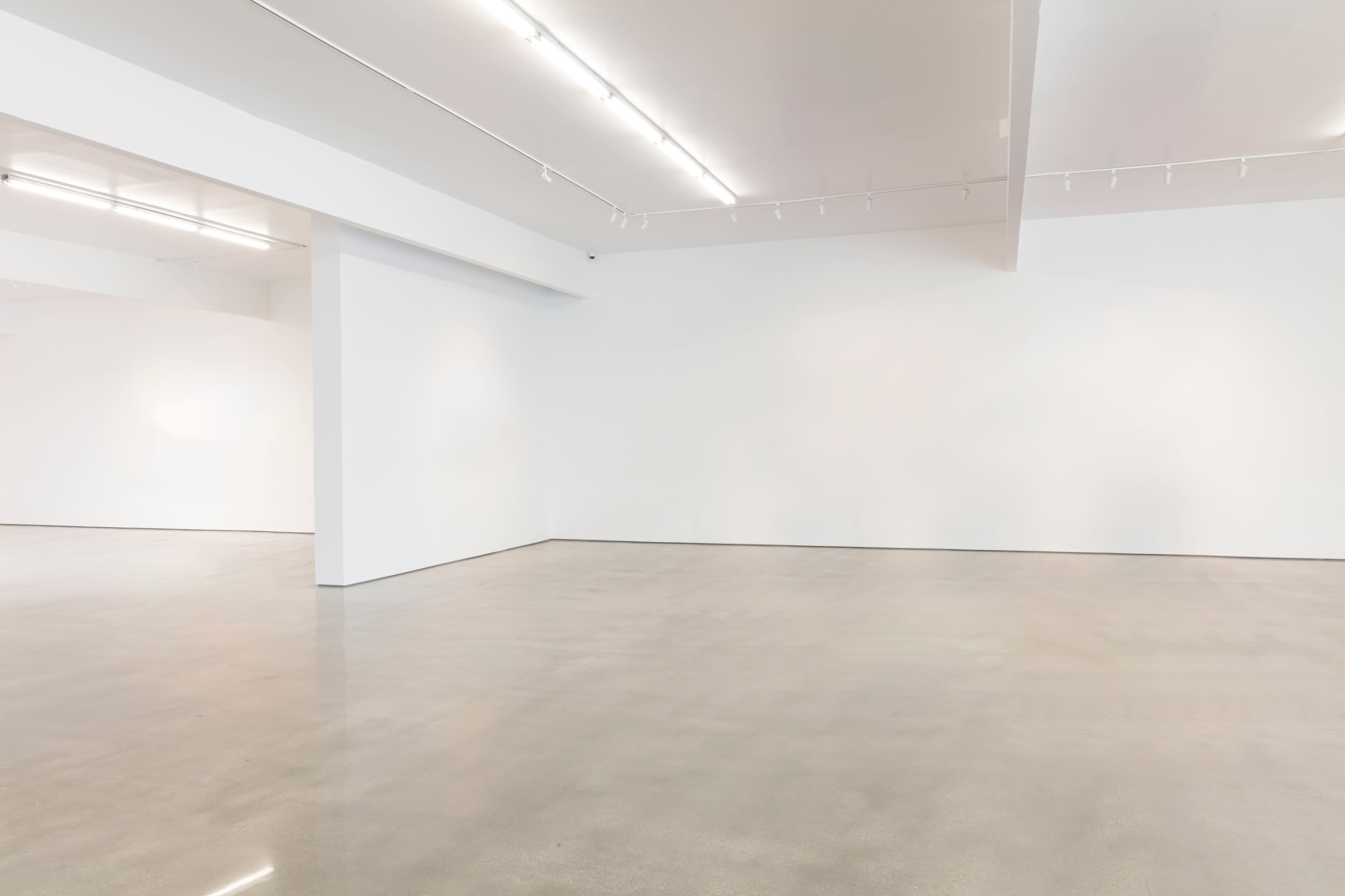 An empty art gallery features white walls and polished concrete flooring.