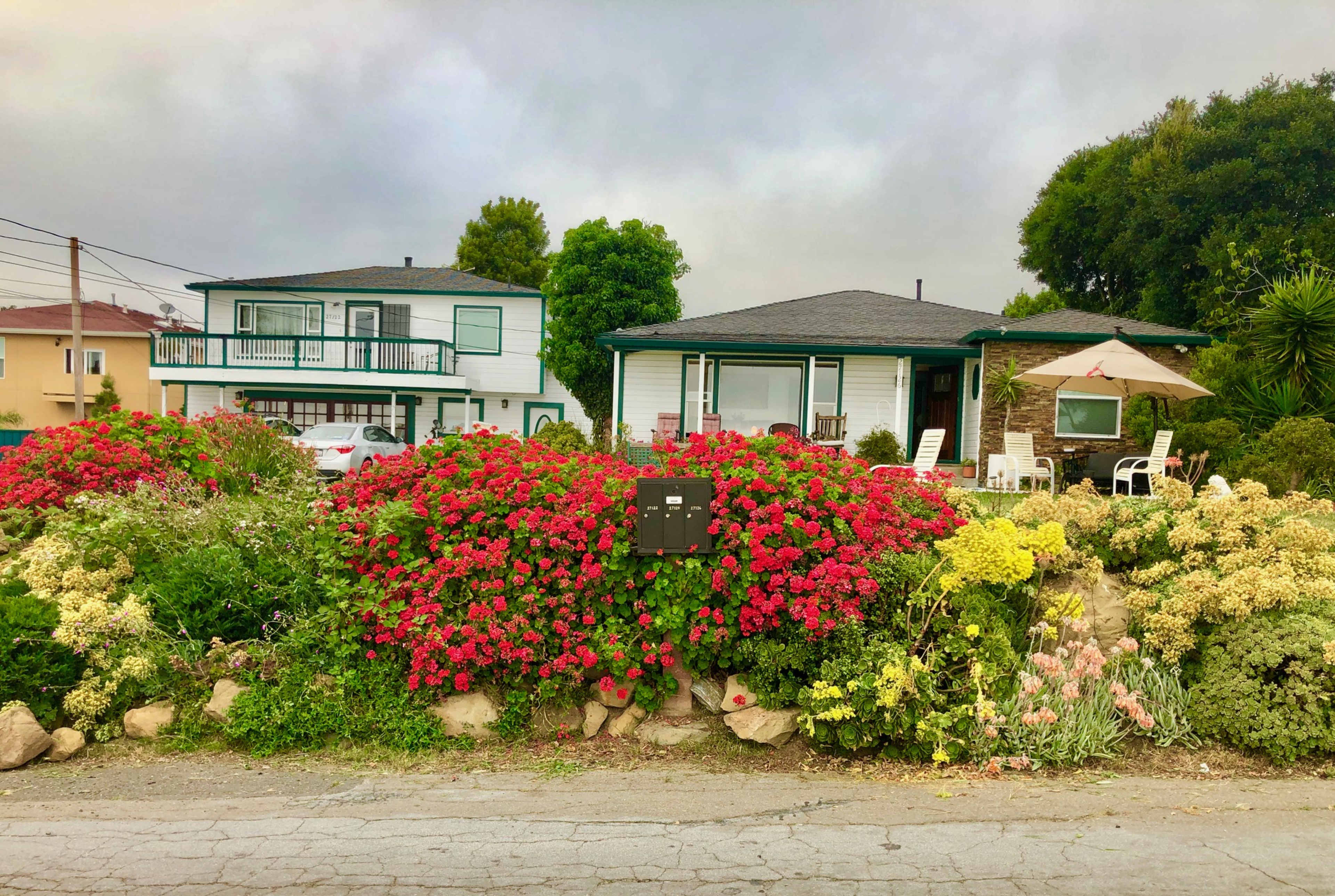 Two houses are situated behind a colorful flower bed along a gravel road.