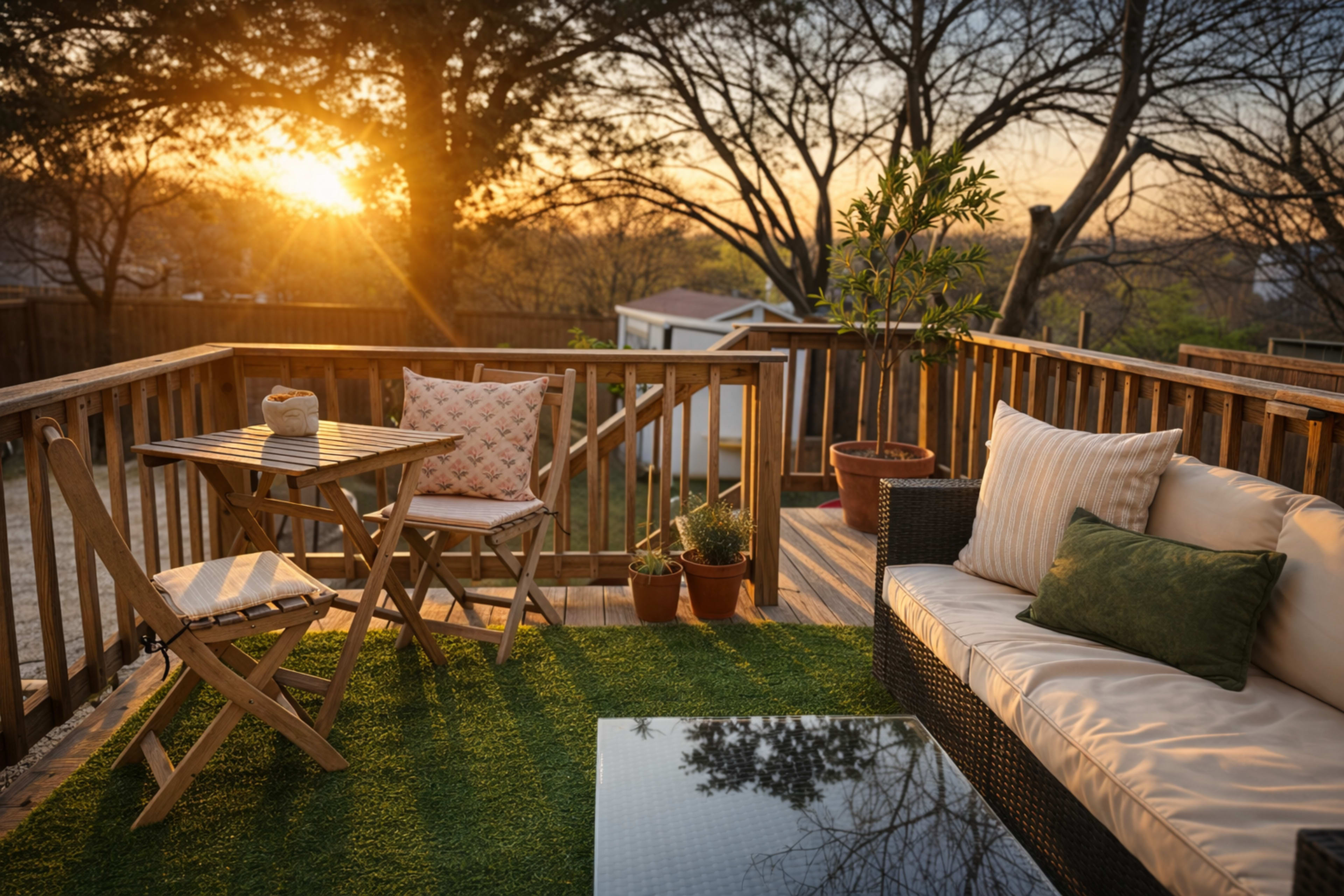 A cozy outdoor seating area features a wooden table and chairs, a sectional sofa, potted plants, and a backdrop of a sunset behind trees.