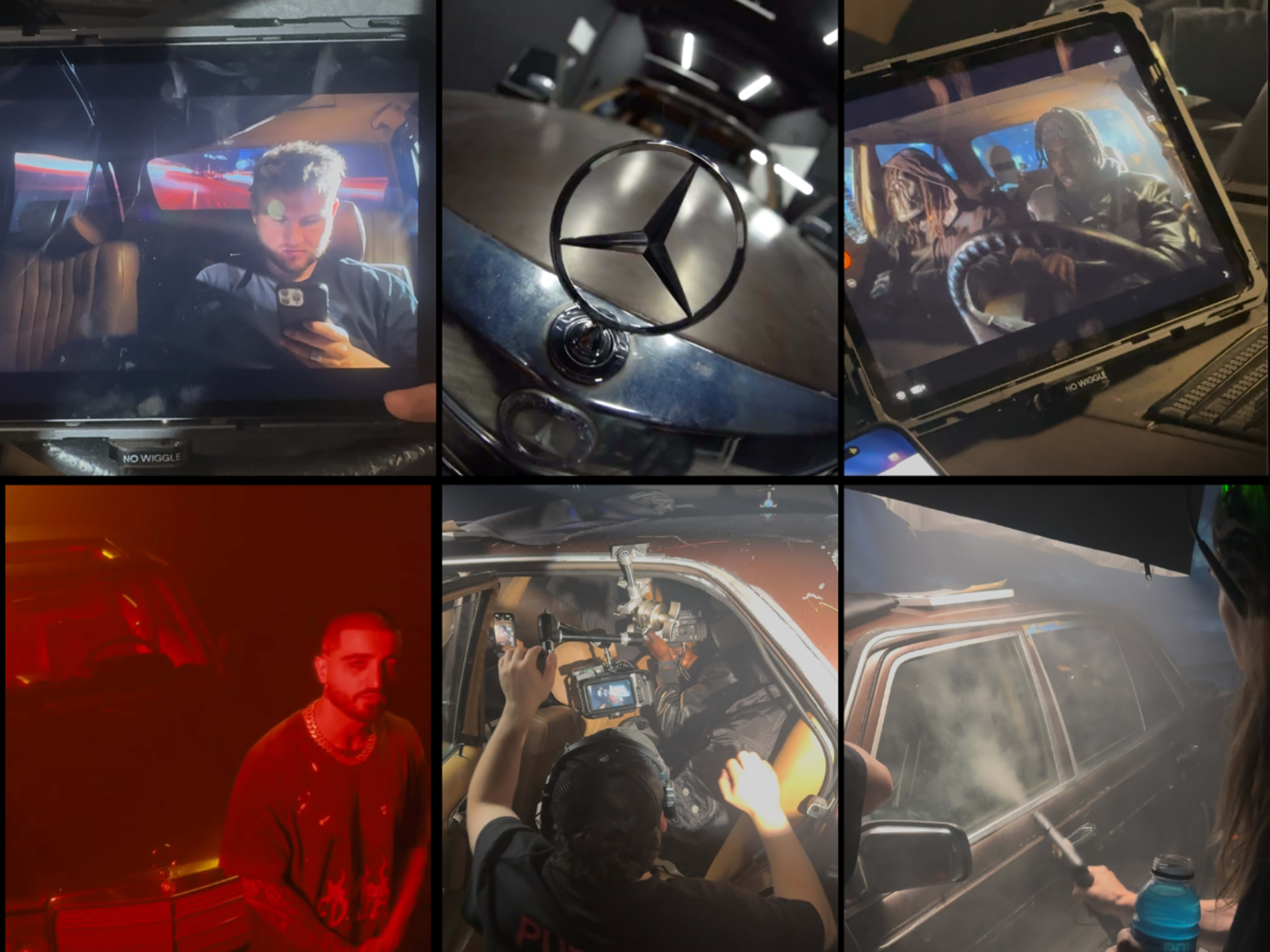 The image collage features various scenes, including a person using a phone in a car, a close-up of a Mercedes logo, a video being watched on a tablet, a person standing in front of a car, and a behind-the-scenes shot of a film shoot with smoke effects.