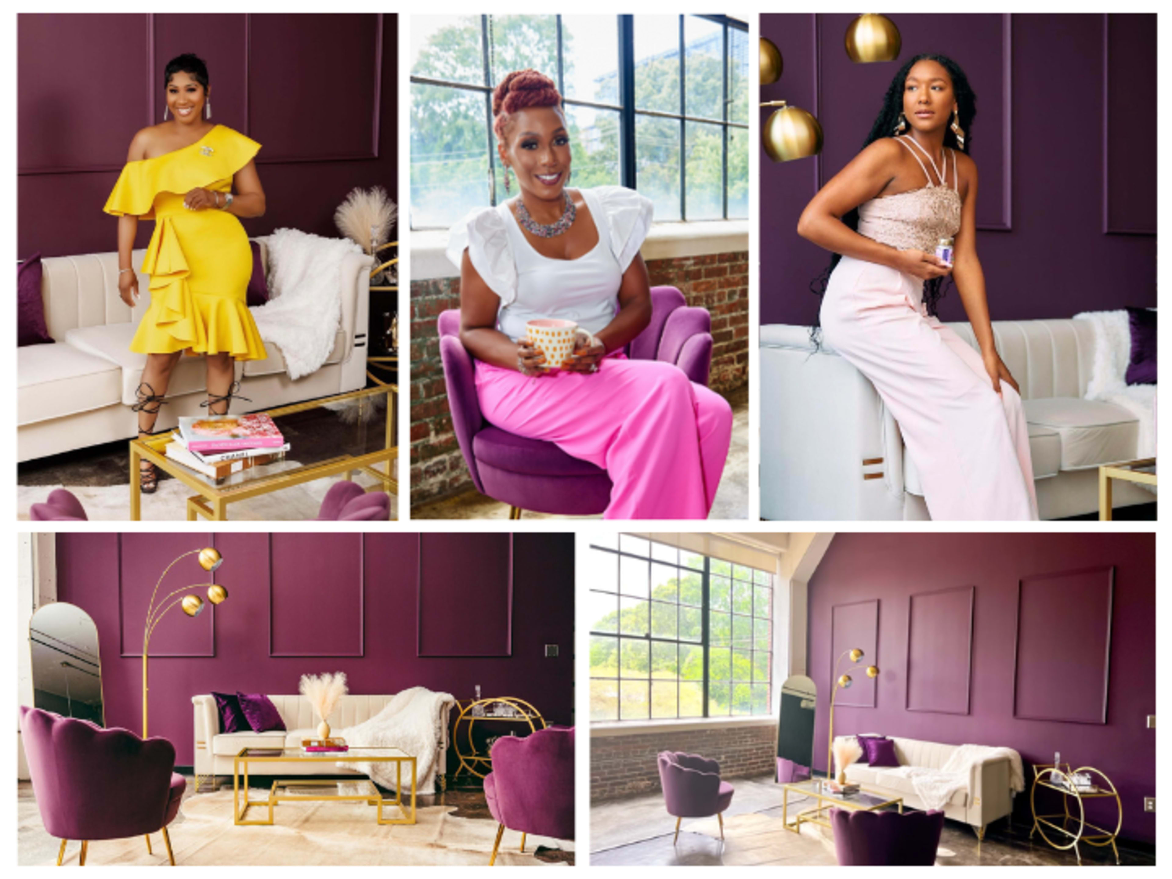 A collage of women in colorful outfits posing in a stylish interior with purple walls and elegant furniture.