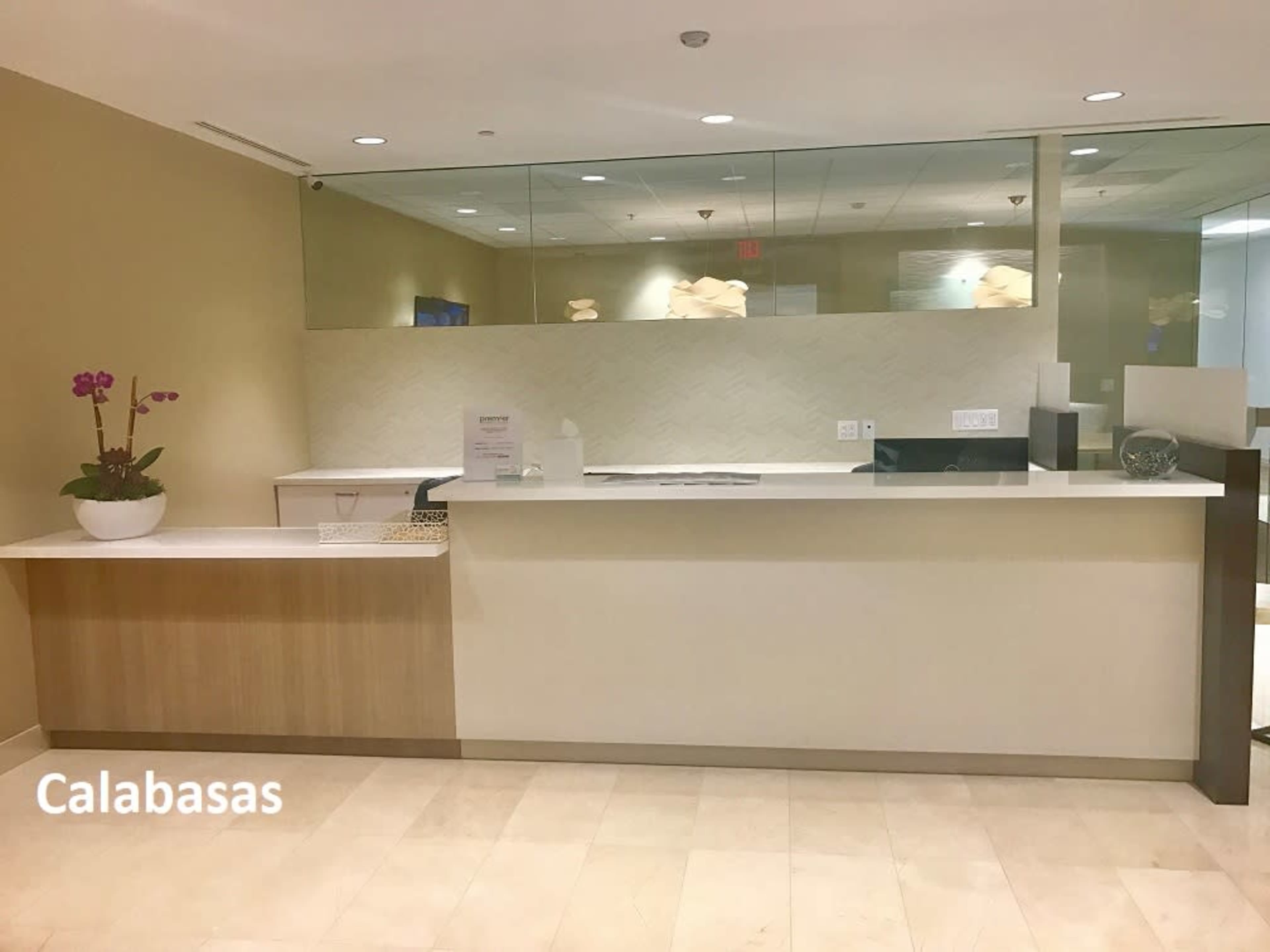 A modern reception area features a light-colored counter, a plant with purple flowers, and a mirrored wall.