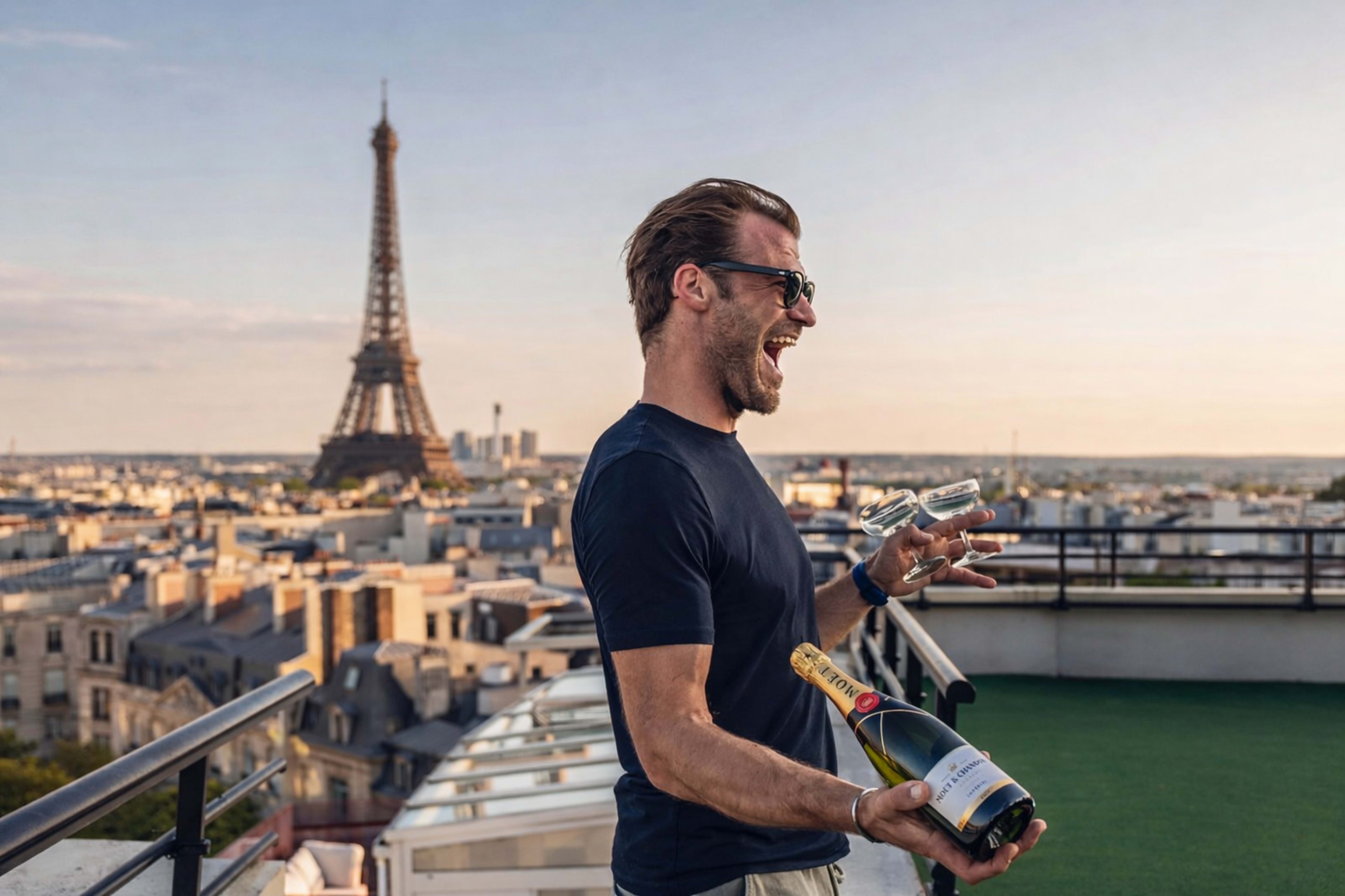 A man in a black t-shirt holds champagne and glasses while celebrating on a rooftop with the Eiffel Tower in the background.