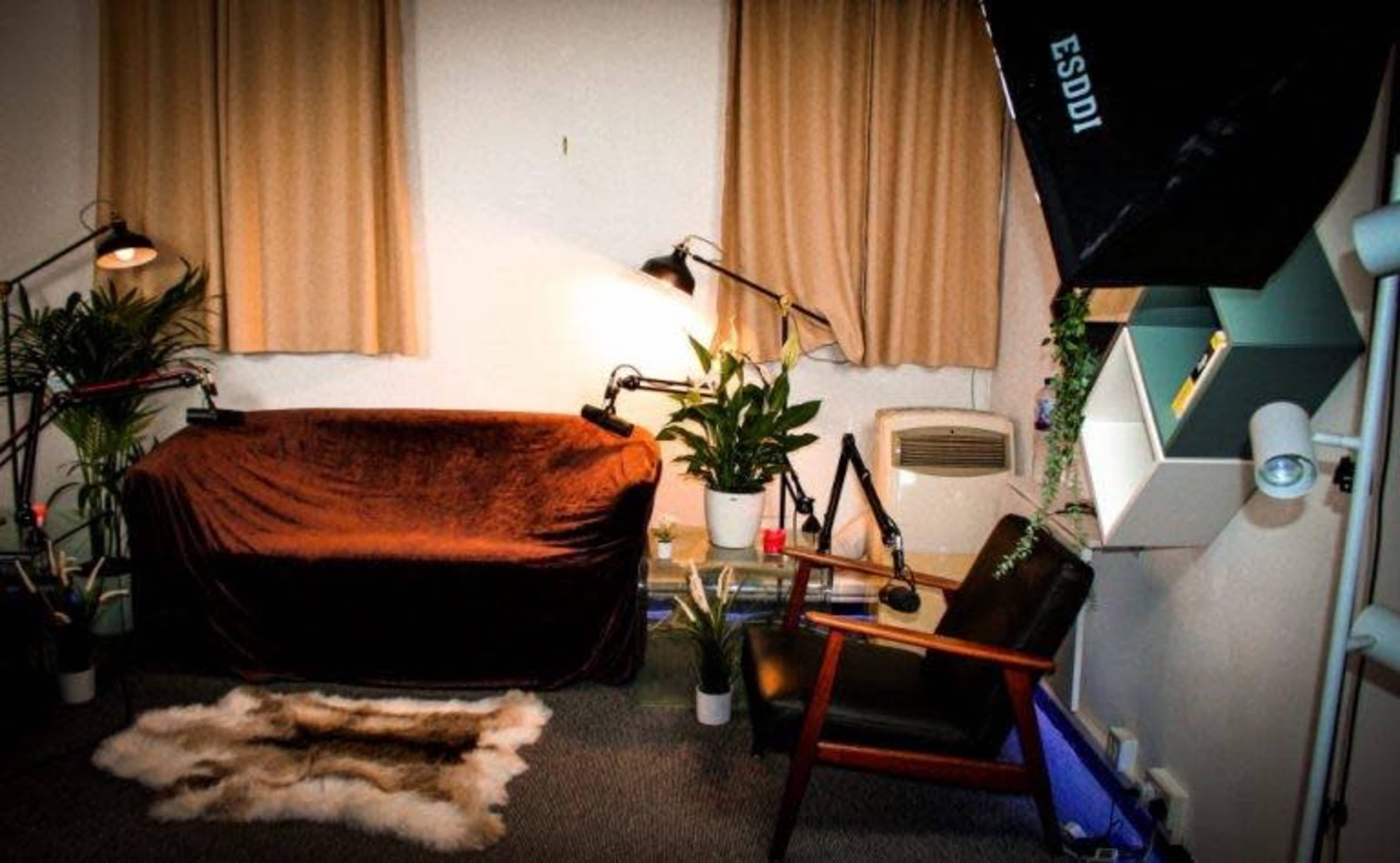 A small room with a brown sofa covered by a blanket, plants in pots, a chair, and photography lighting equipment.