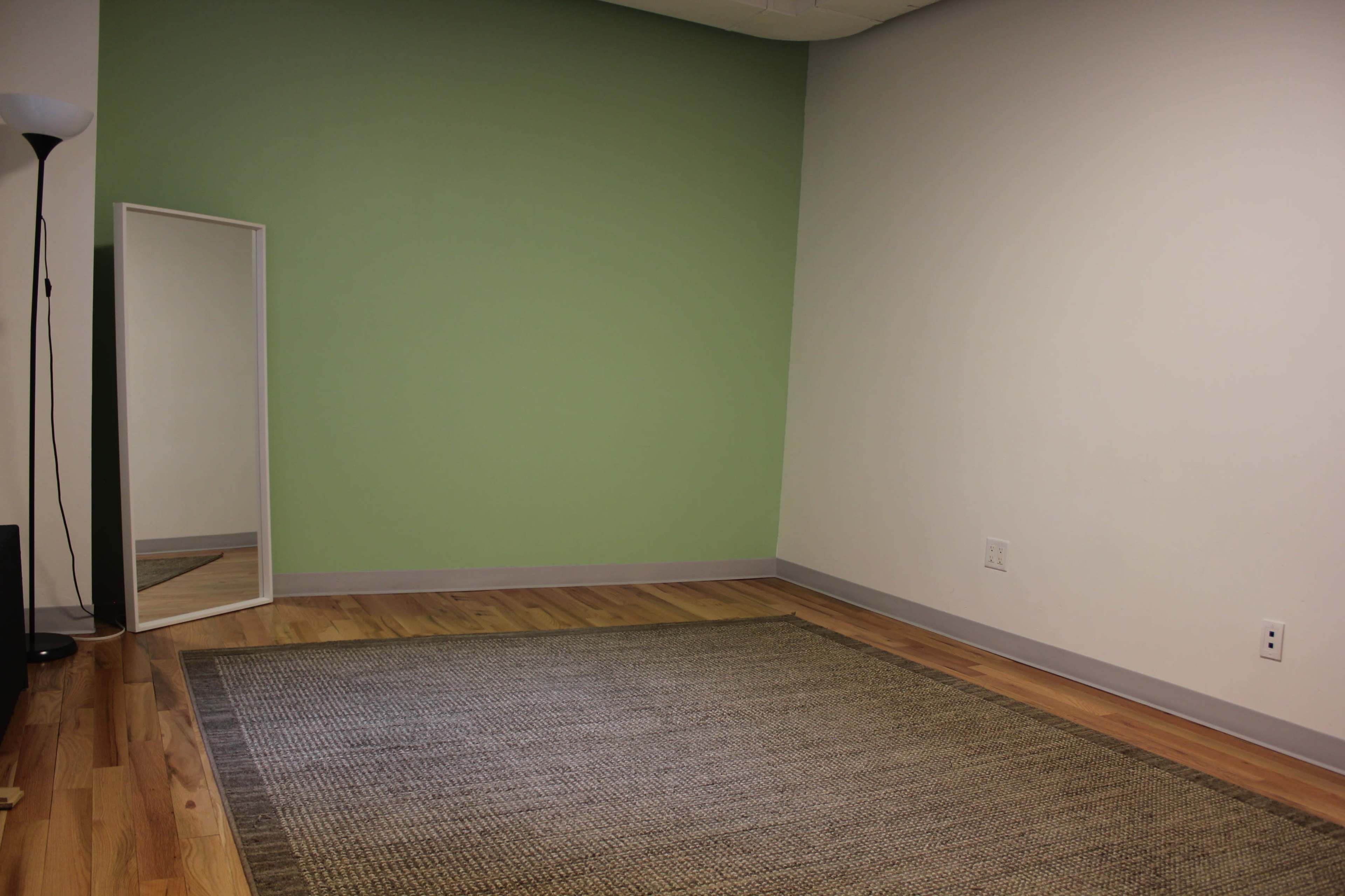 A sparse room with a green wall, wooden flooring, a rectangular rug, a full-length mirror, and a floor lamp.