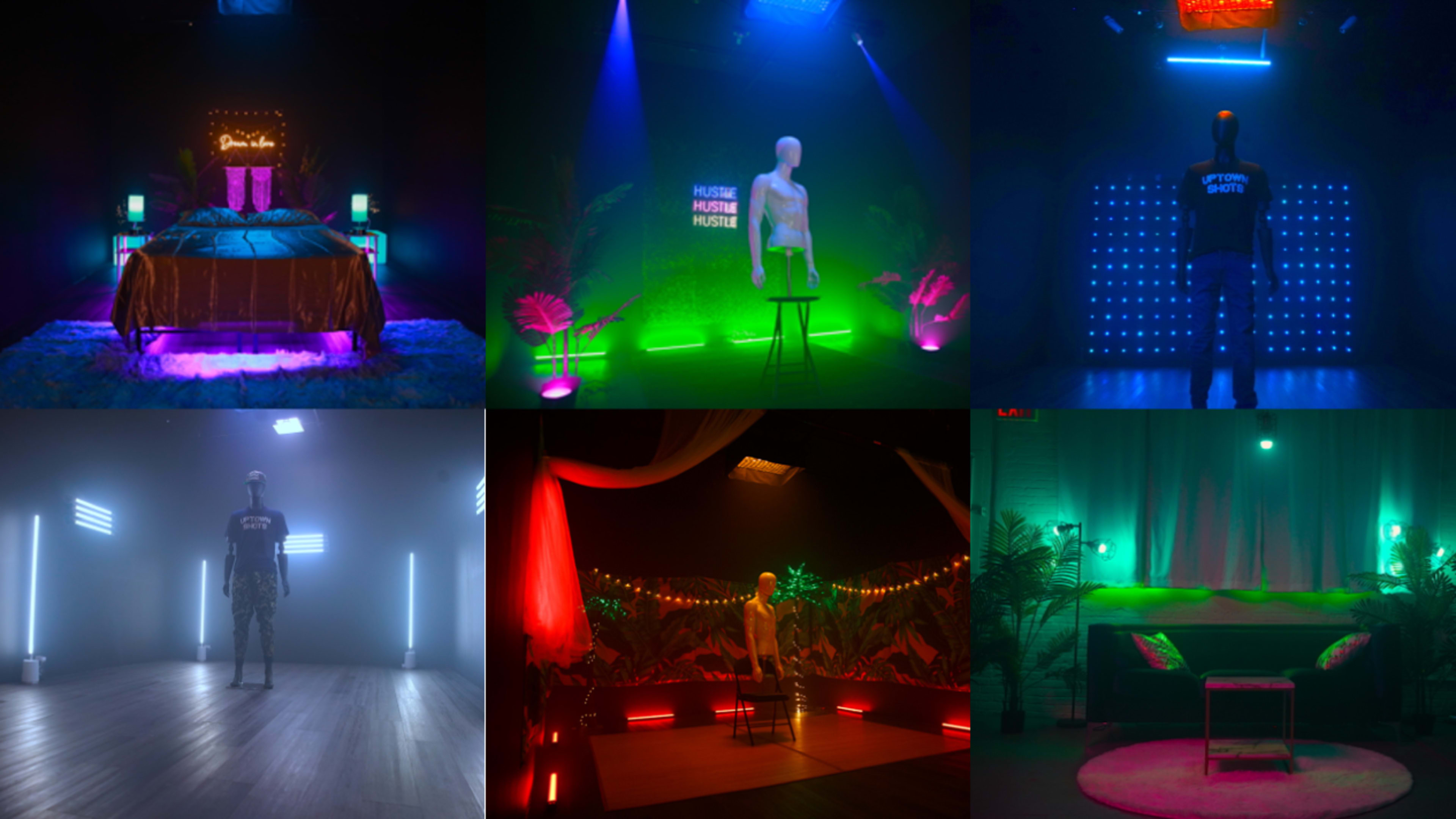 A series of six scenes, showcasing various indoor setups with mannequins, colorful lighting, and decorative elements.