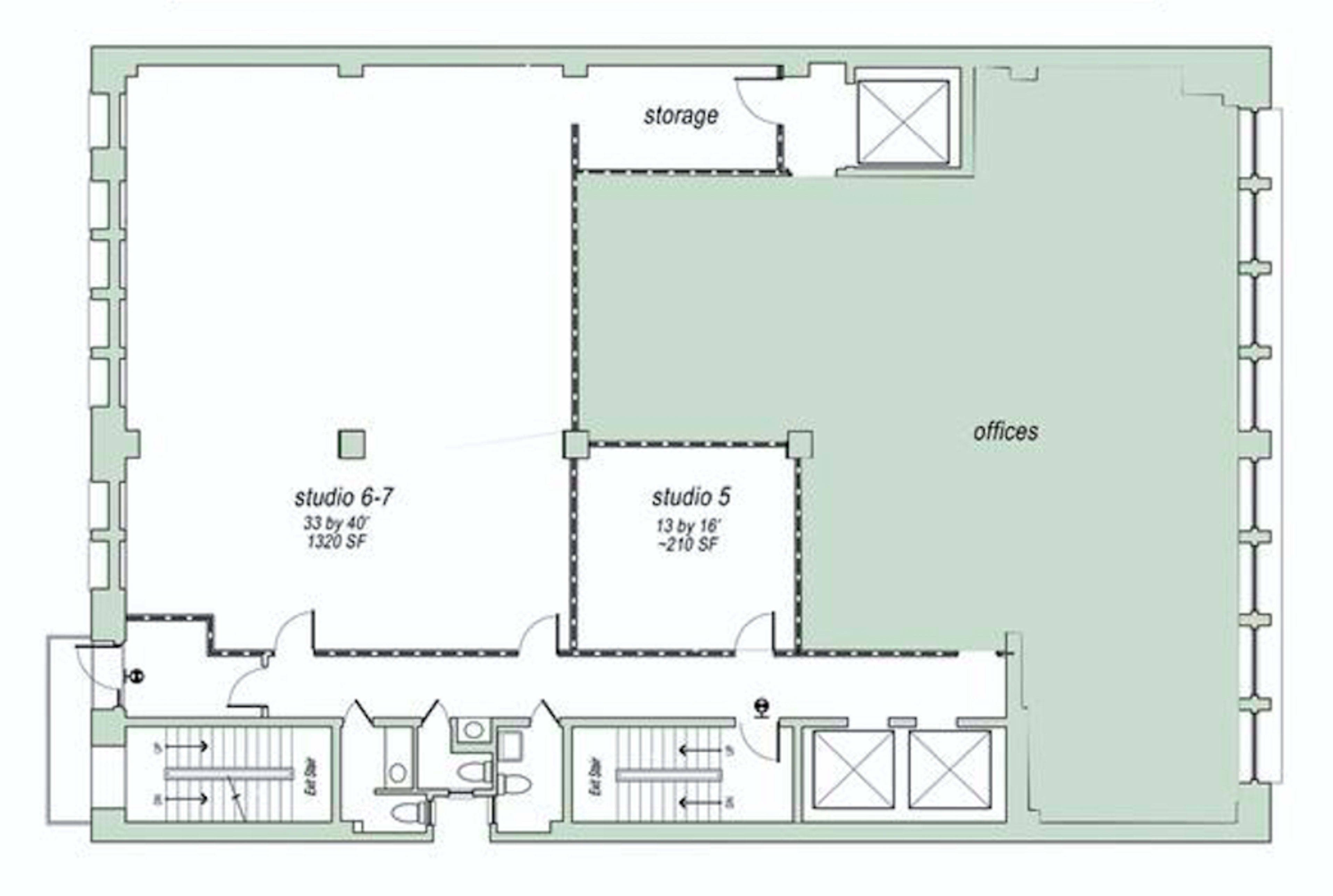 A floor plan layout featuring two studio areas, a storage room, and office spaces within a rectangular building.
