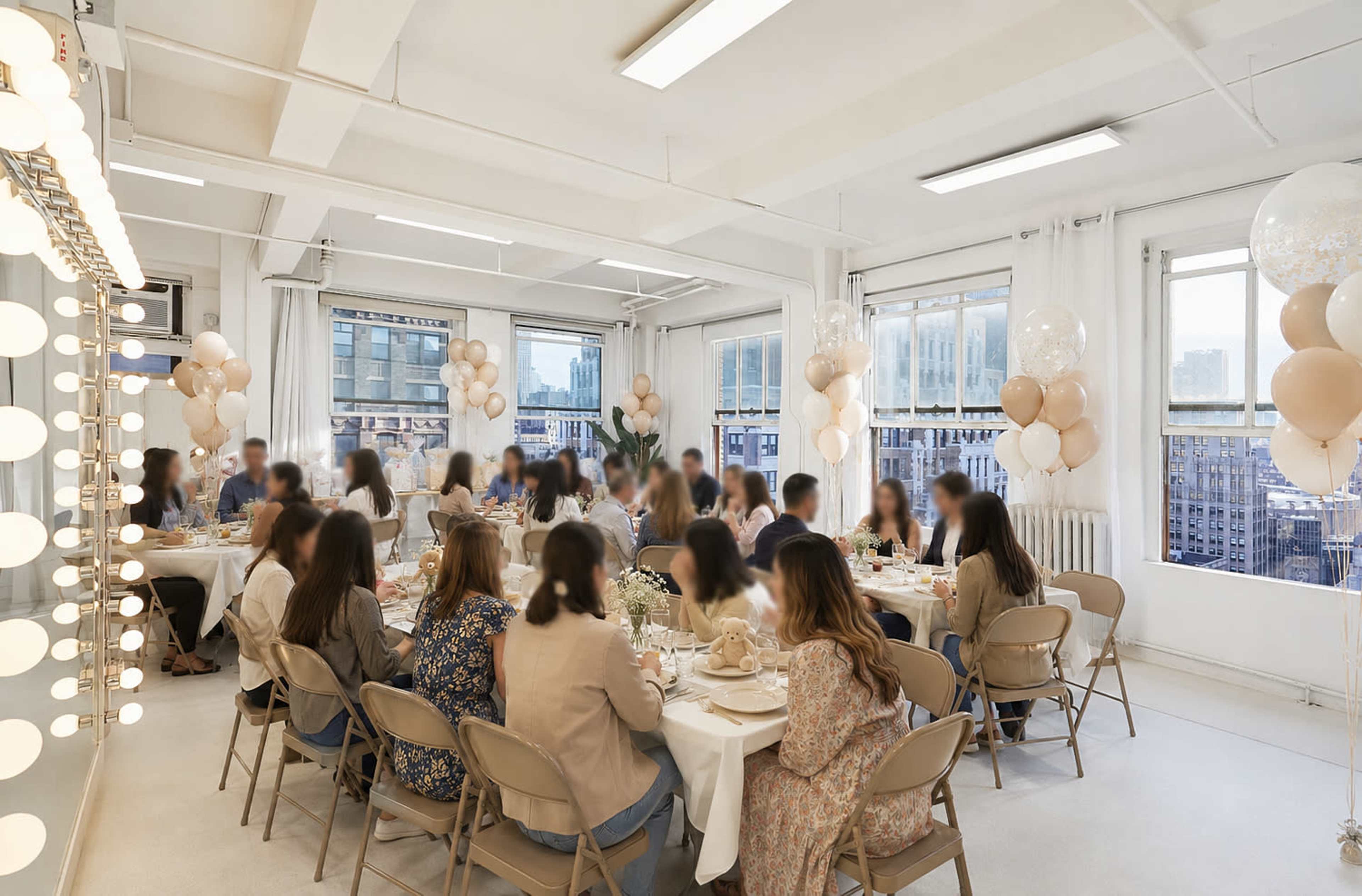 A long table is set for a dining event with guests seated around it in a well-lit room featuring large windows and decorative balloons.