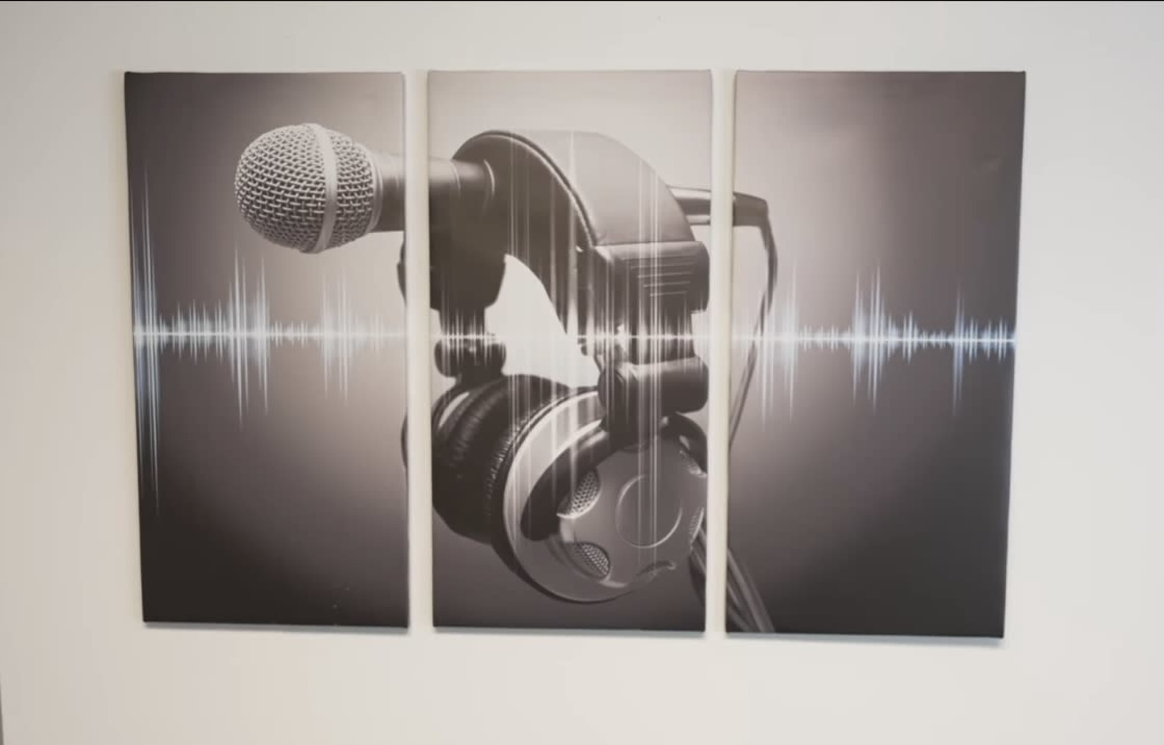 The image displays a triptych artwork featuring a microphone and headphones against a background of sound wave patterns.