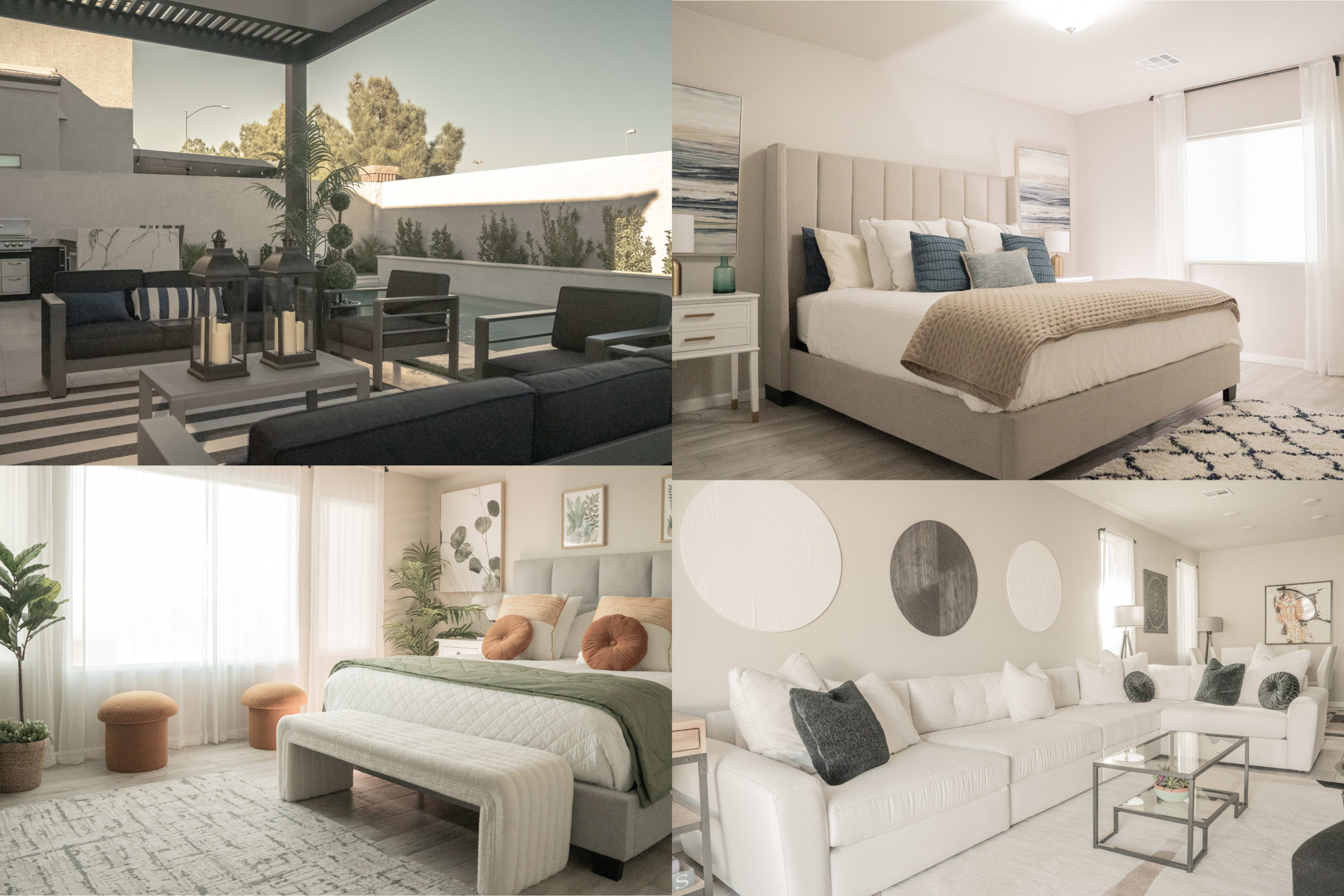 Four distinct interior scenes, including a modern outdoor lounge area, a stylish bedroom with a plush bed, a bright room with large windows and plants, and a cozy living room with a white sectional sofa.