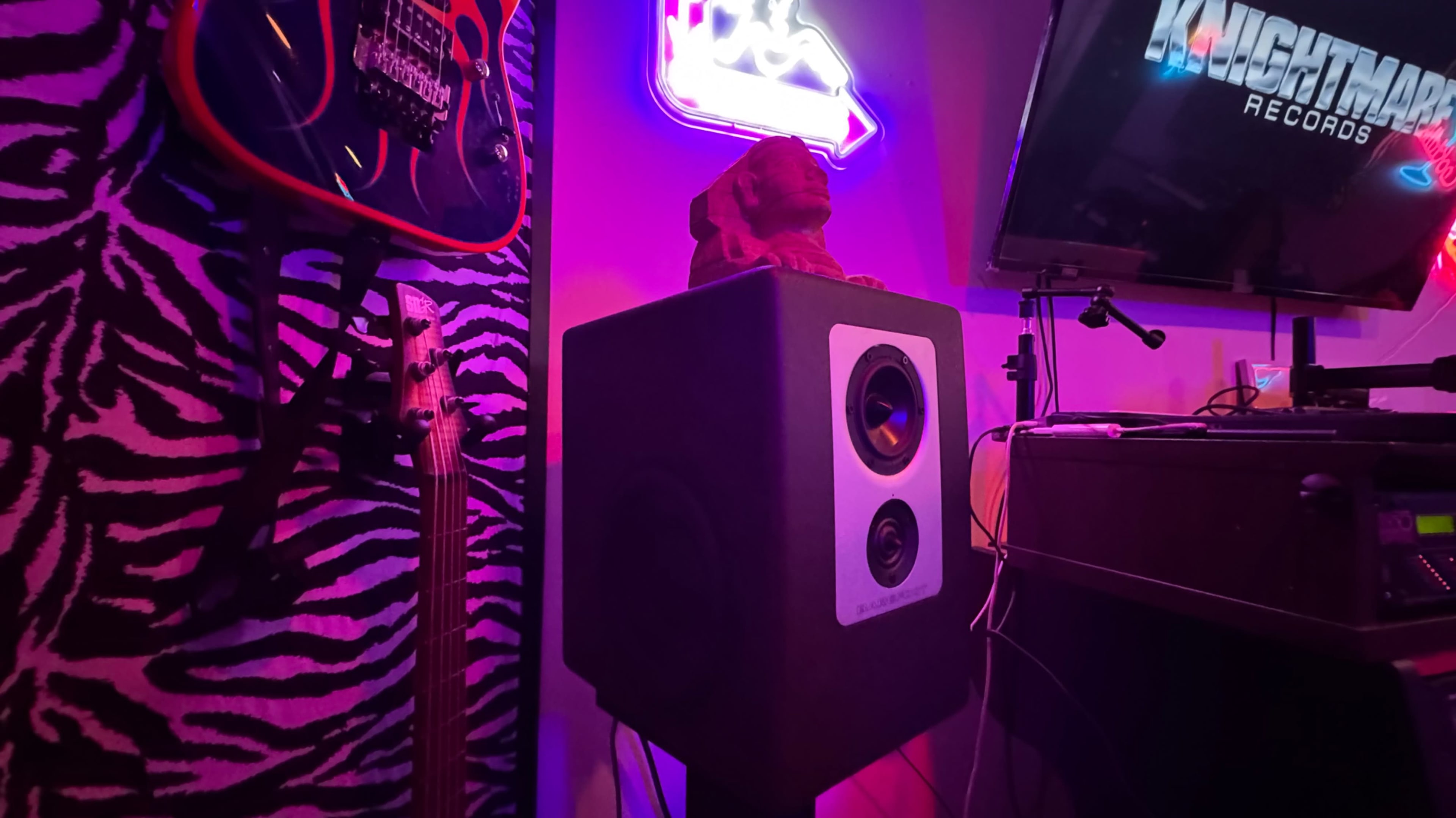 The image shows a speaker on a stand next to a guitar and a neon sign in a room with zebra-striped walls.