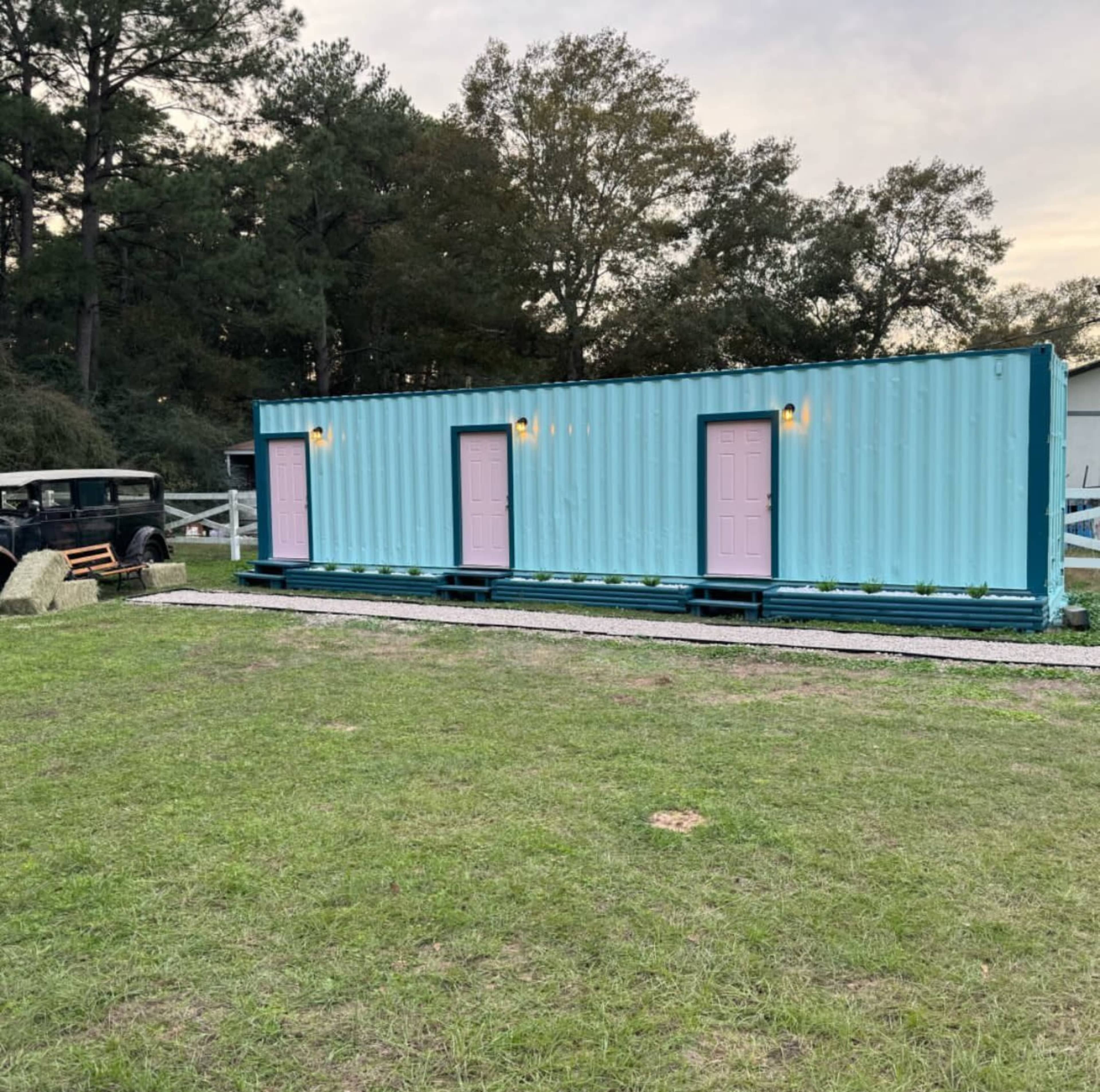 A blue shipping container with three pink doors, placed on a grassy area near trees and a parked vehicle.