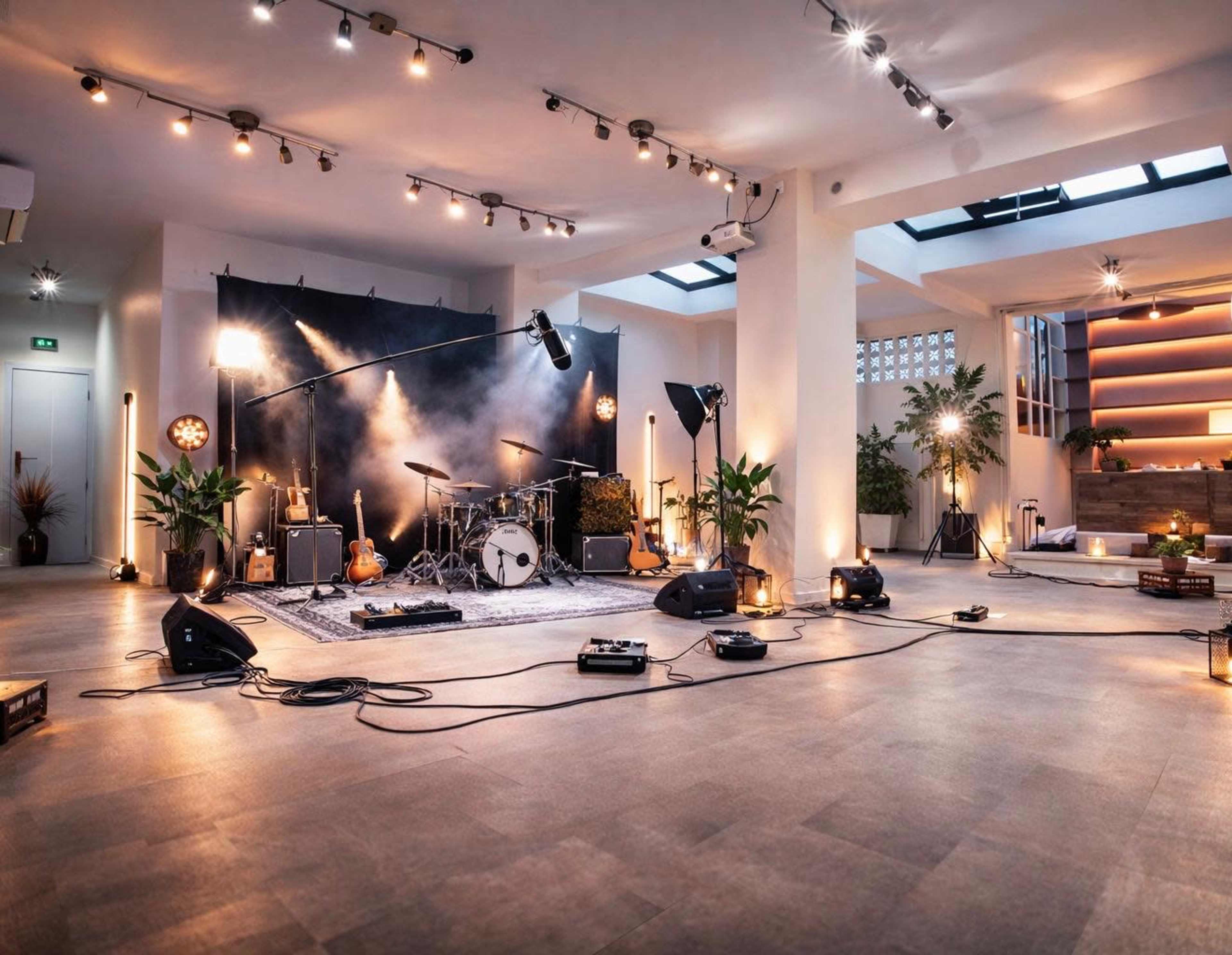 The image shows a spacious, well-lit music studio set up for a performance, featuring musical instruments, amplifiers, and stage lighting amidst a backdrop of plants and decorative elements.
