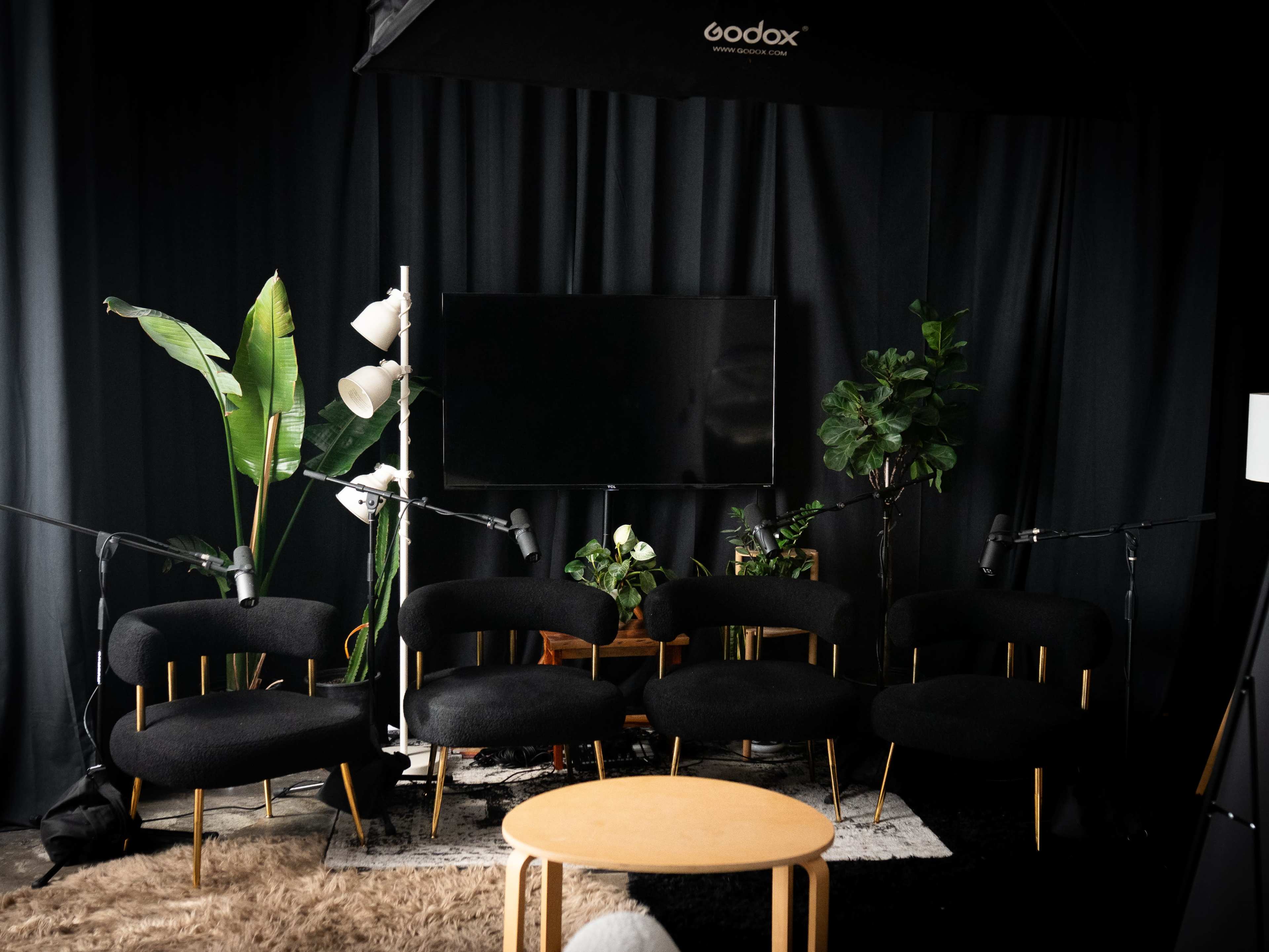 The image shows a modern interview or discussion setup with five black chairs arranged in front of a television, surrounded by plants and lighting equipment against a black backdrop.