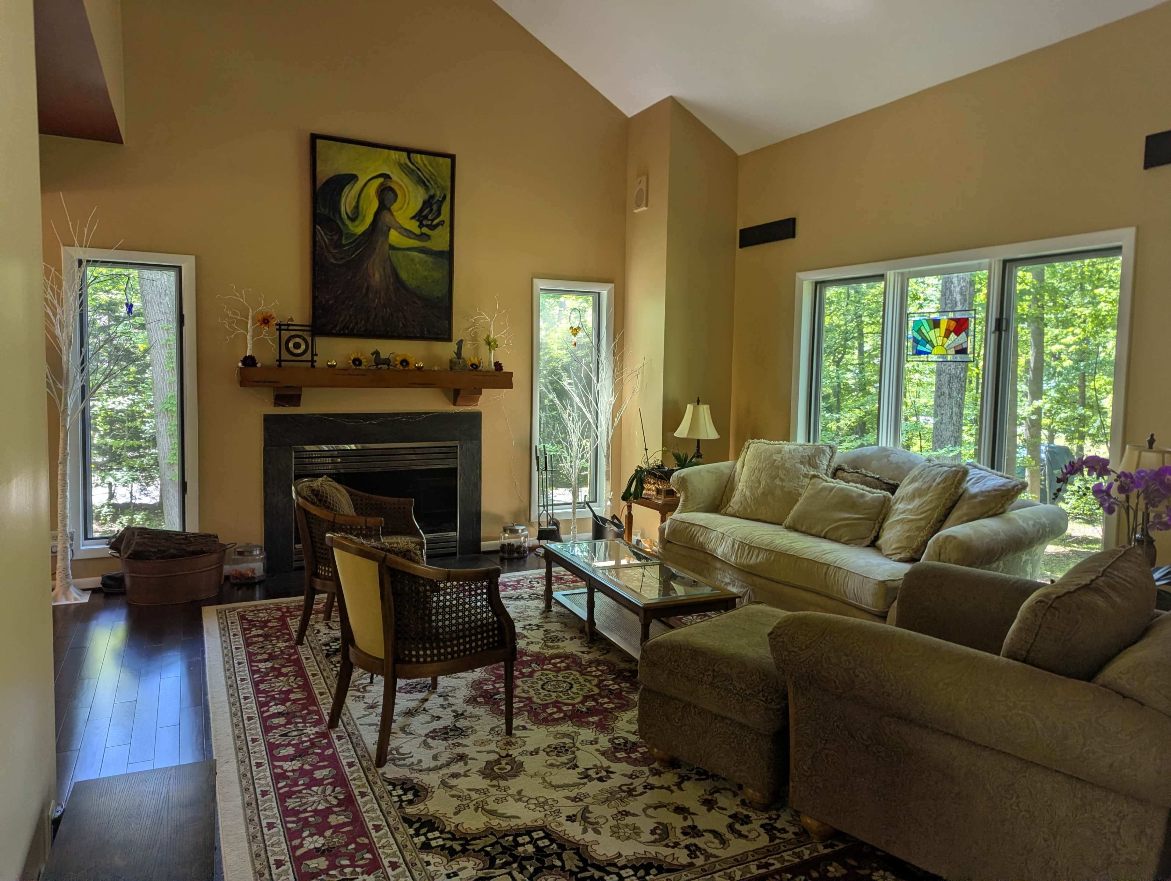 The image depicts a spacious living room with a fireplace, large windows overlooking greenery, and a mix of comfortable seating and decorative elements.