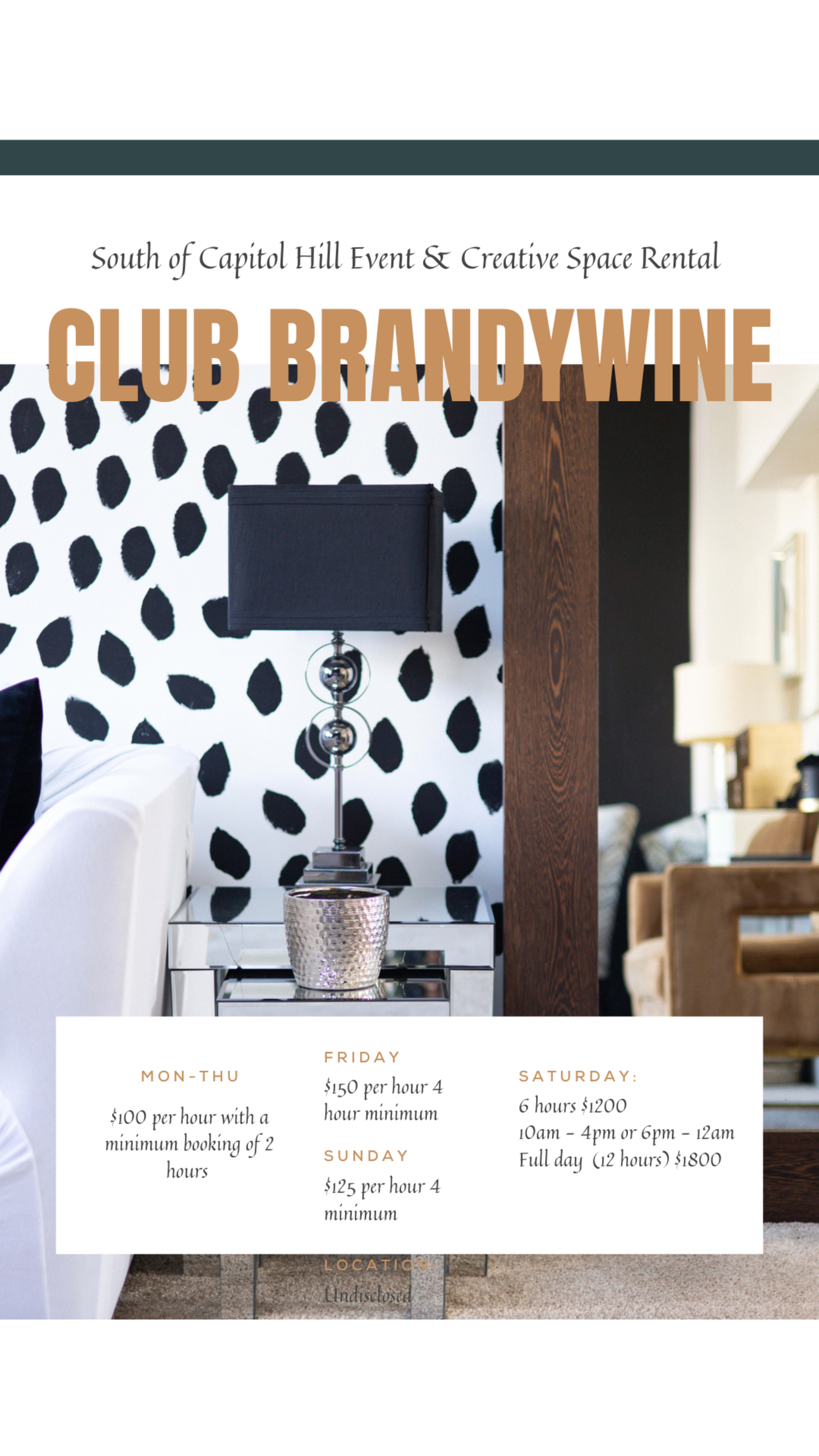 The image displays an advertisement for event and creative space rental at Club Brandywine, detailing booking rates and availability for different days of the week.