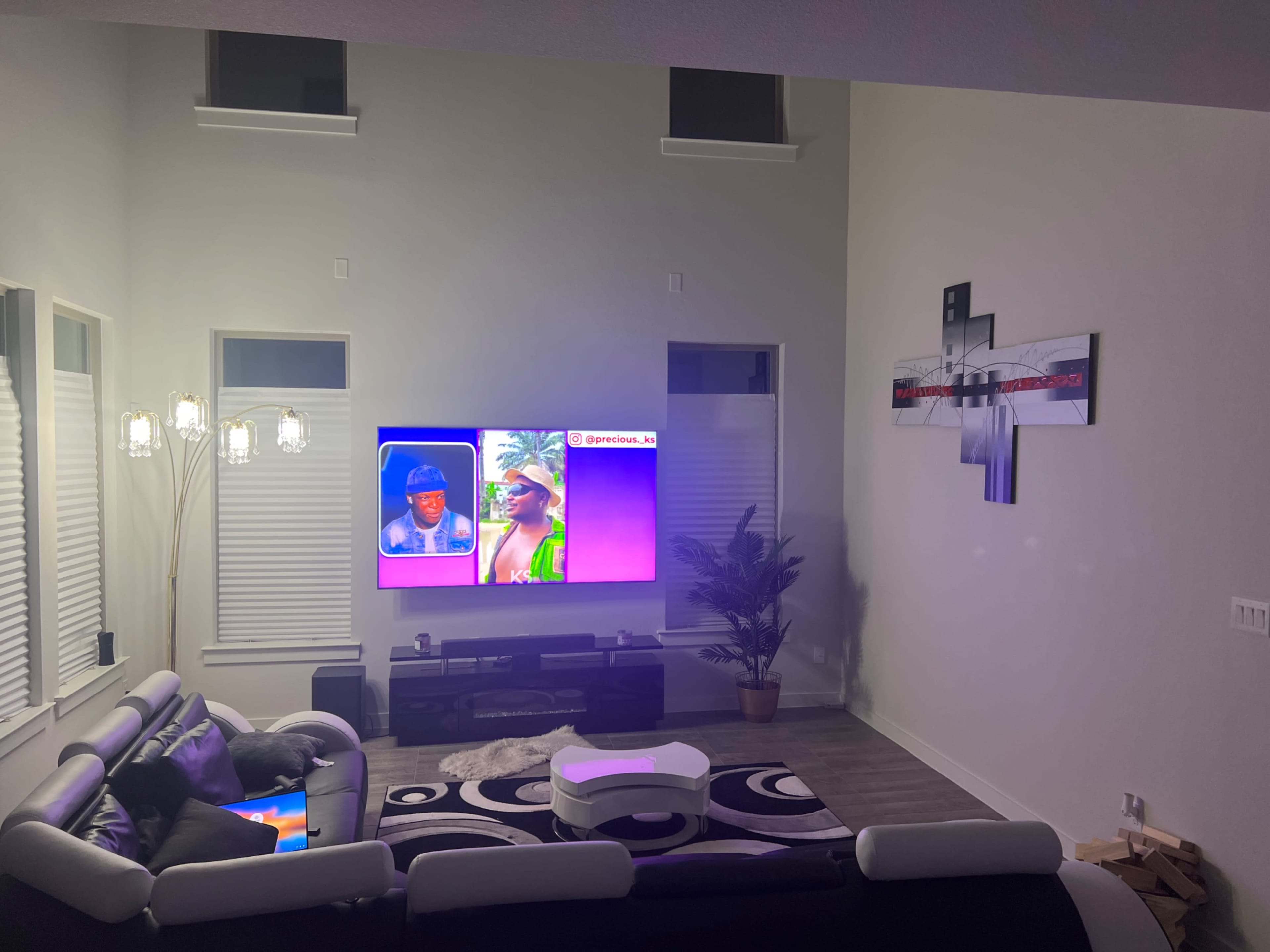 The image shows a modern living room featuring a large television displaying colorful content, complemented by a black sofa, decorative plants, and wall art.