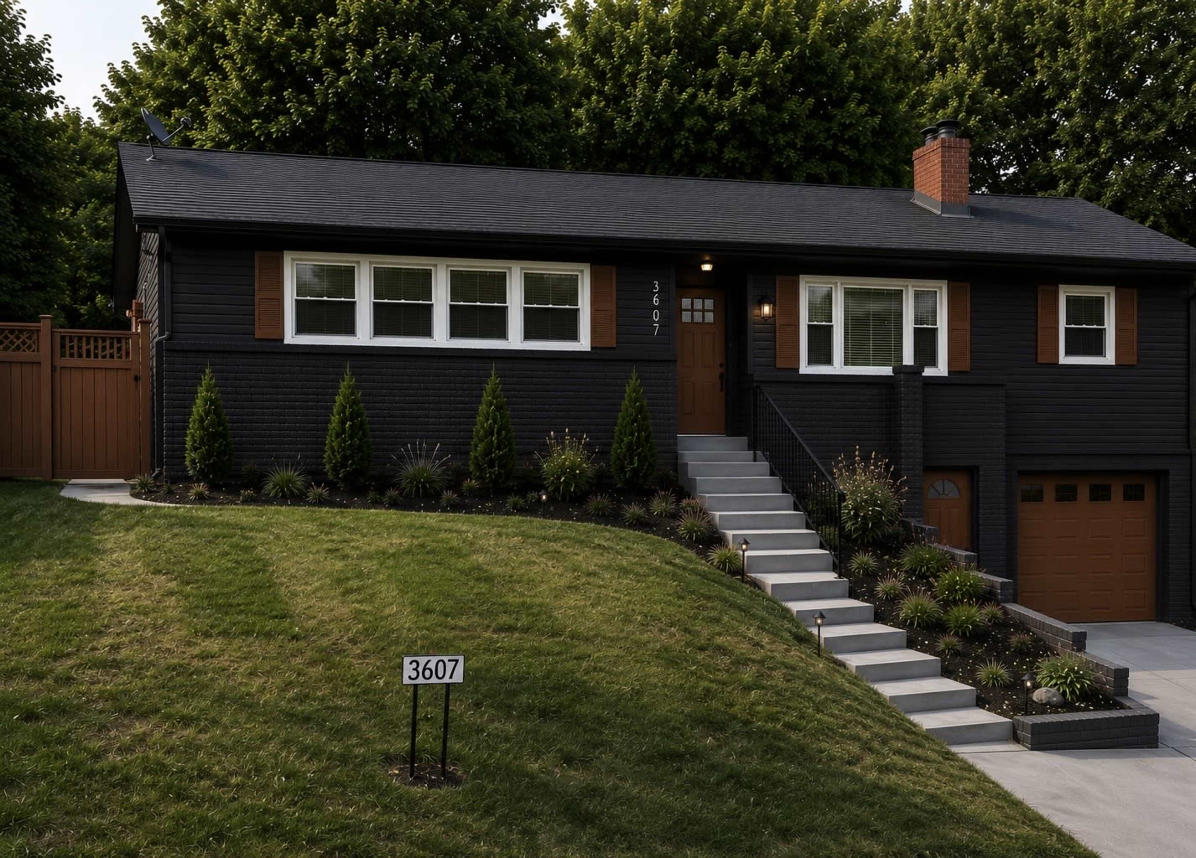 The image shows a modern, dark-colored bungalow with a neatly landscaped front yard, featuring a clear view of the address number 3607.