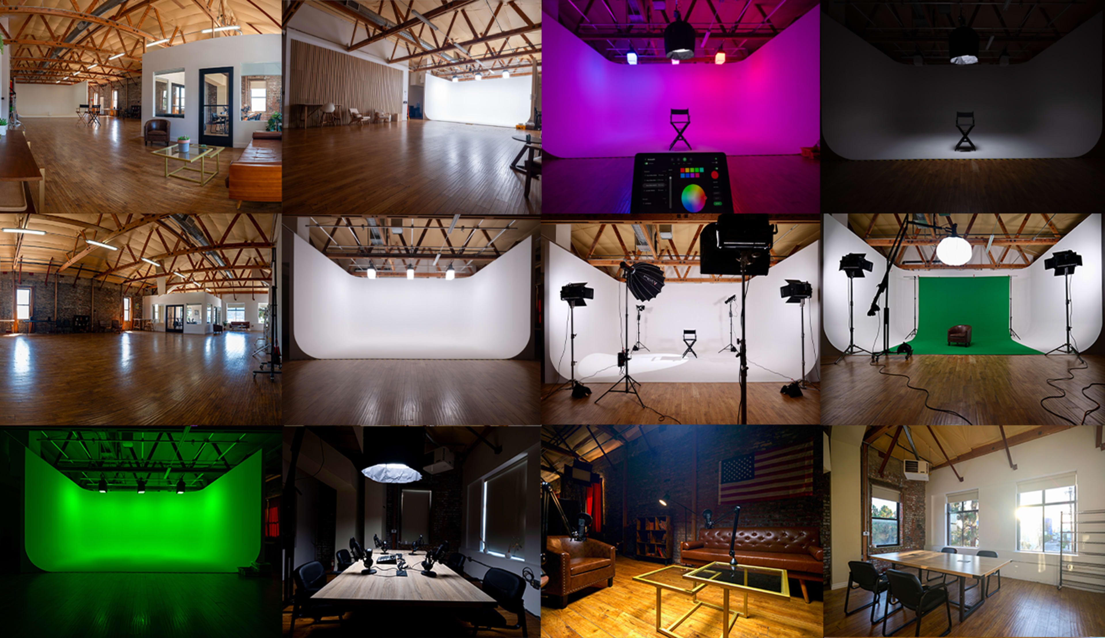 A series of studio spaces featuring various colored backdrops, lighting setups, and configurations designed for photography and videography.
