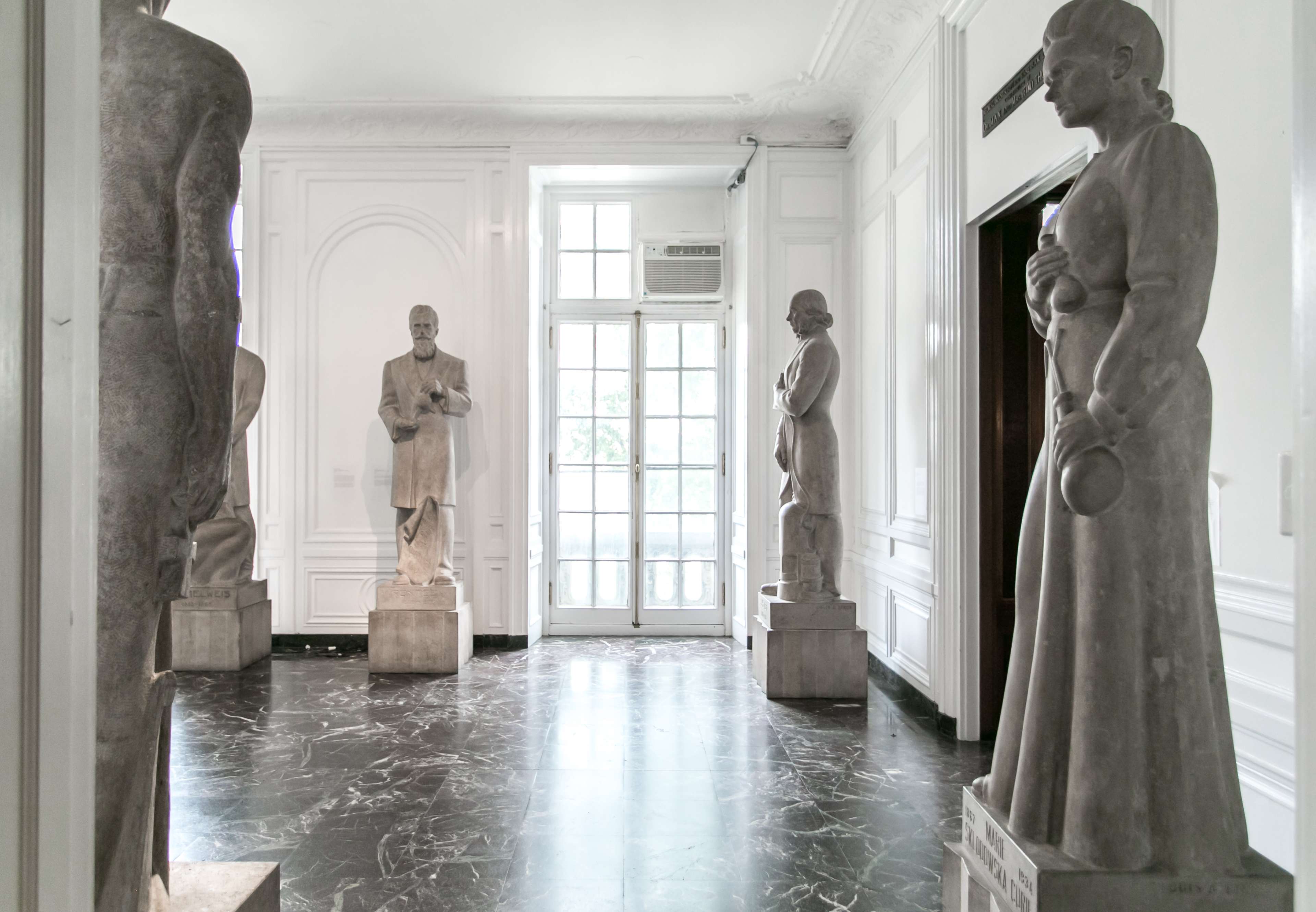 A spacious gallery featuring several stone statues arranged on pedestals against a white wall.