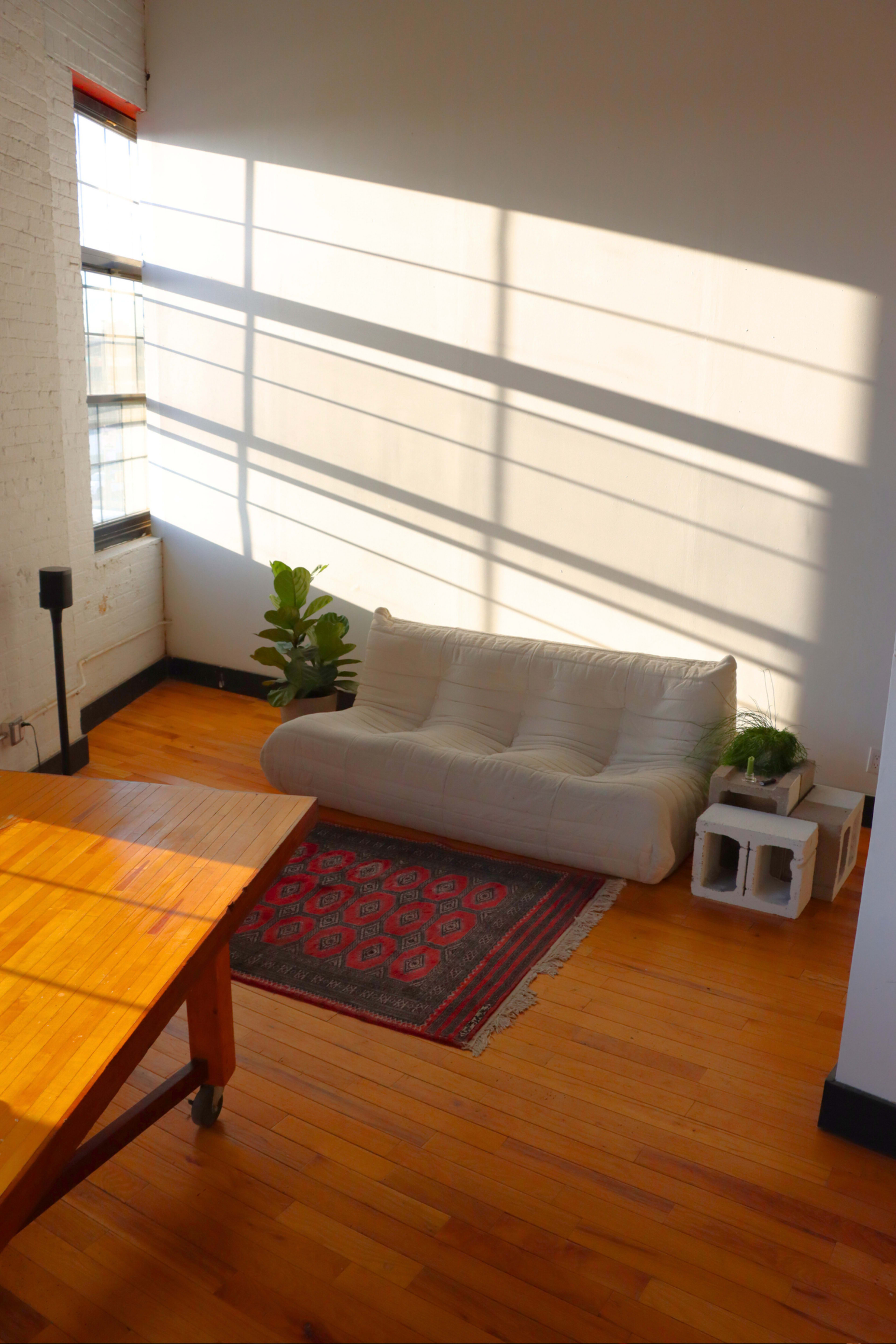 A minimalist living space features a light-colored sofa, a patterned rug, a wooden table, potted plants, and shadows cast on the wall from window blinds.