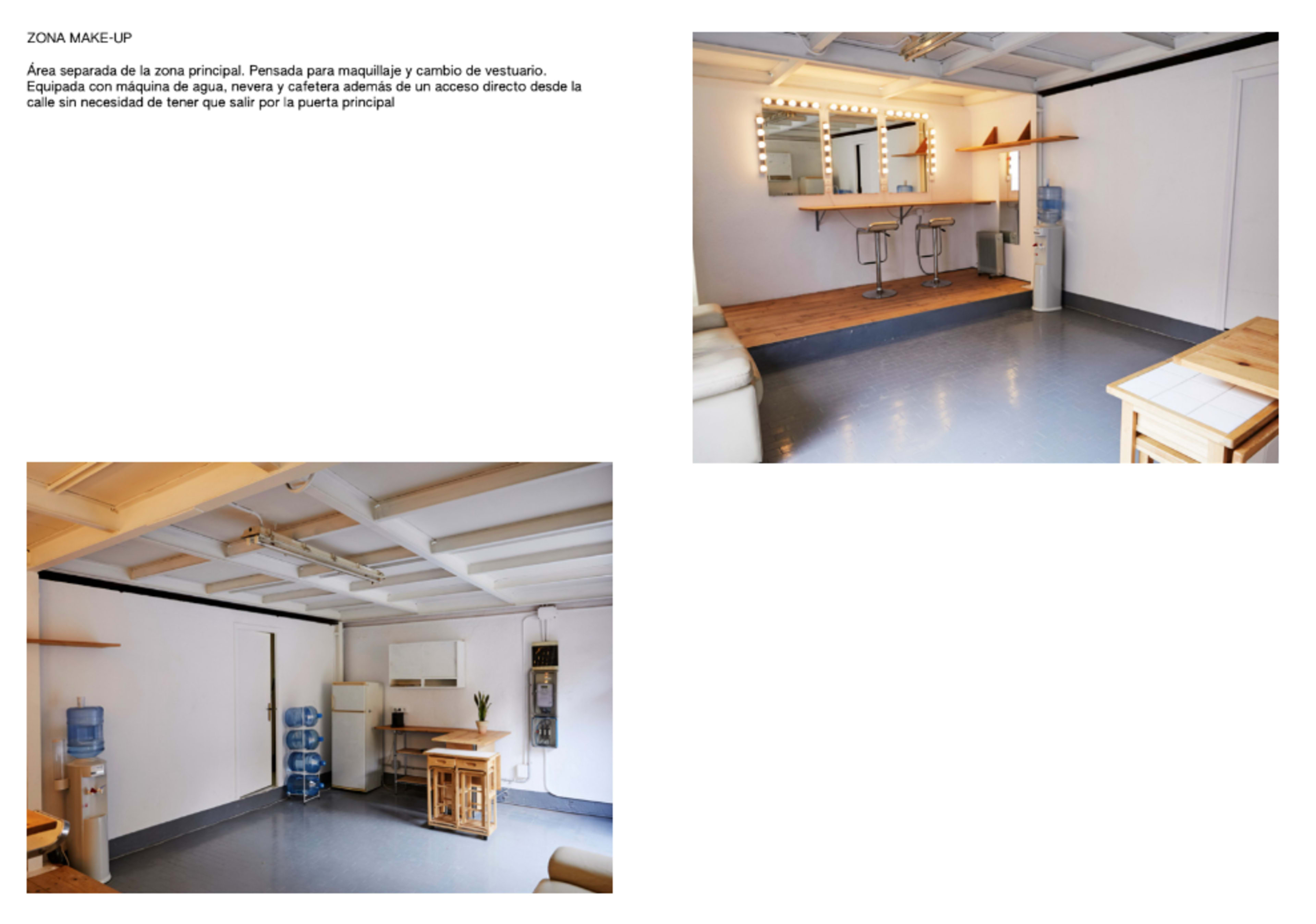 A makeup area with a vanity and chairs, alongside a separate room containing a water dispenser and plain furnishings.