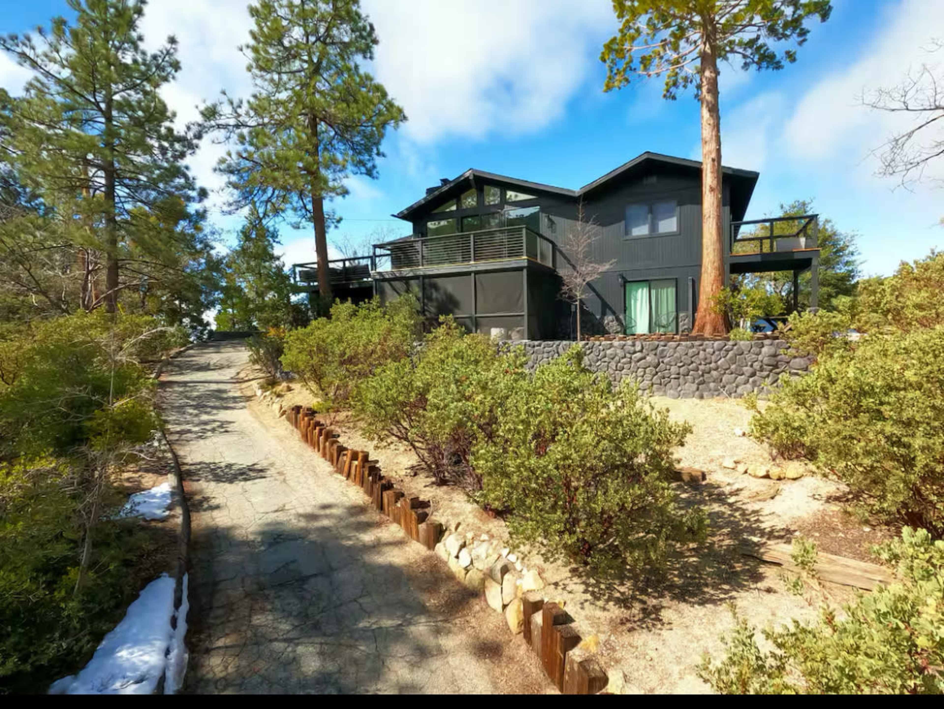 A modern two-story house is situated among pine trees, with a winding driveway leading up to it.