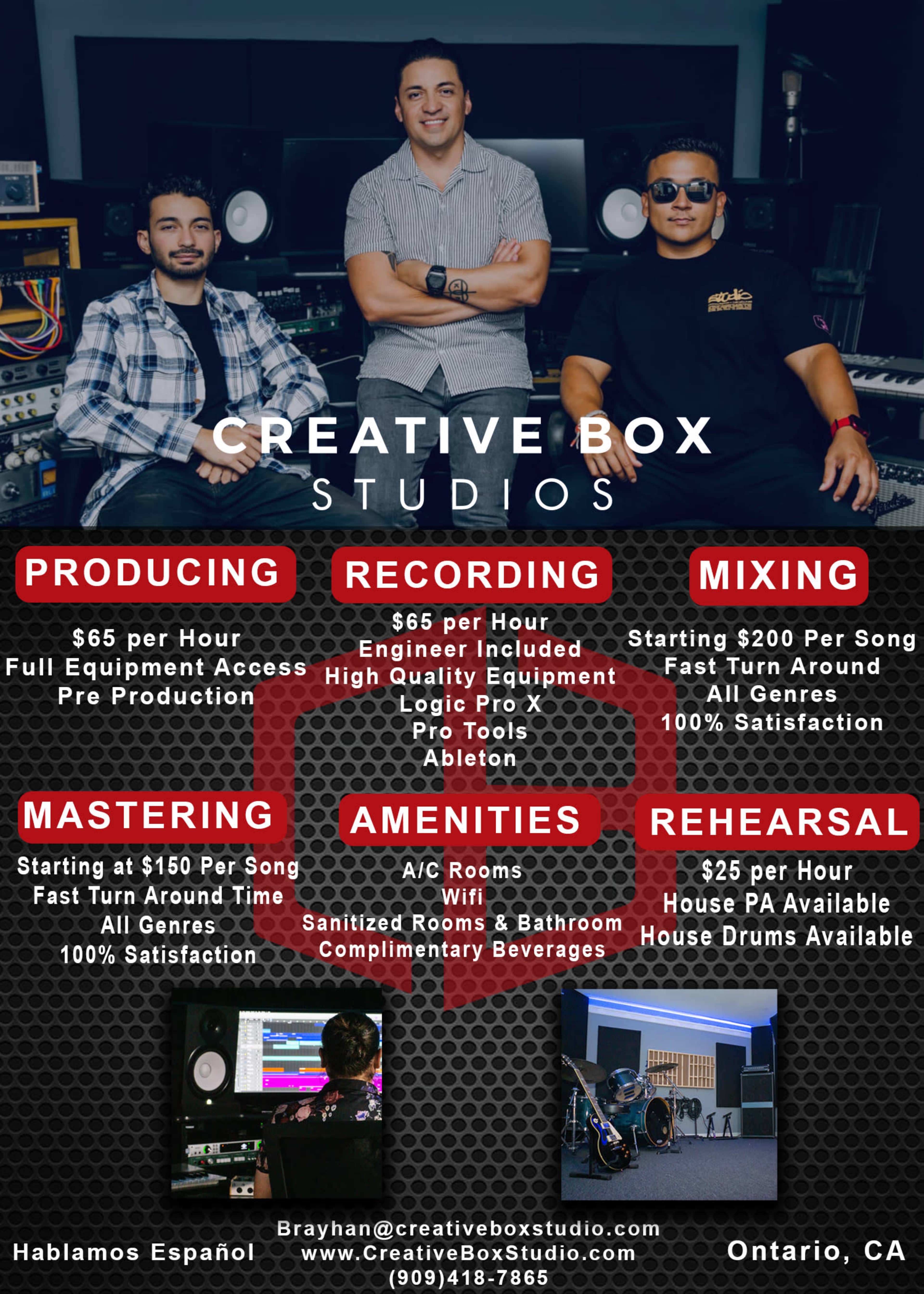 The image features three men standing in a recording studio with various music equipment in the background, along with information about services and pricing offered by Creative Box Studios in Ontario, CA.