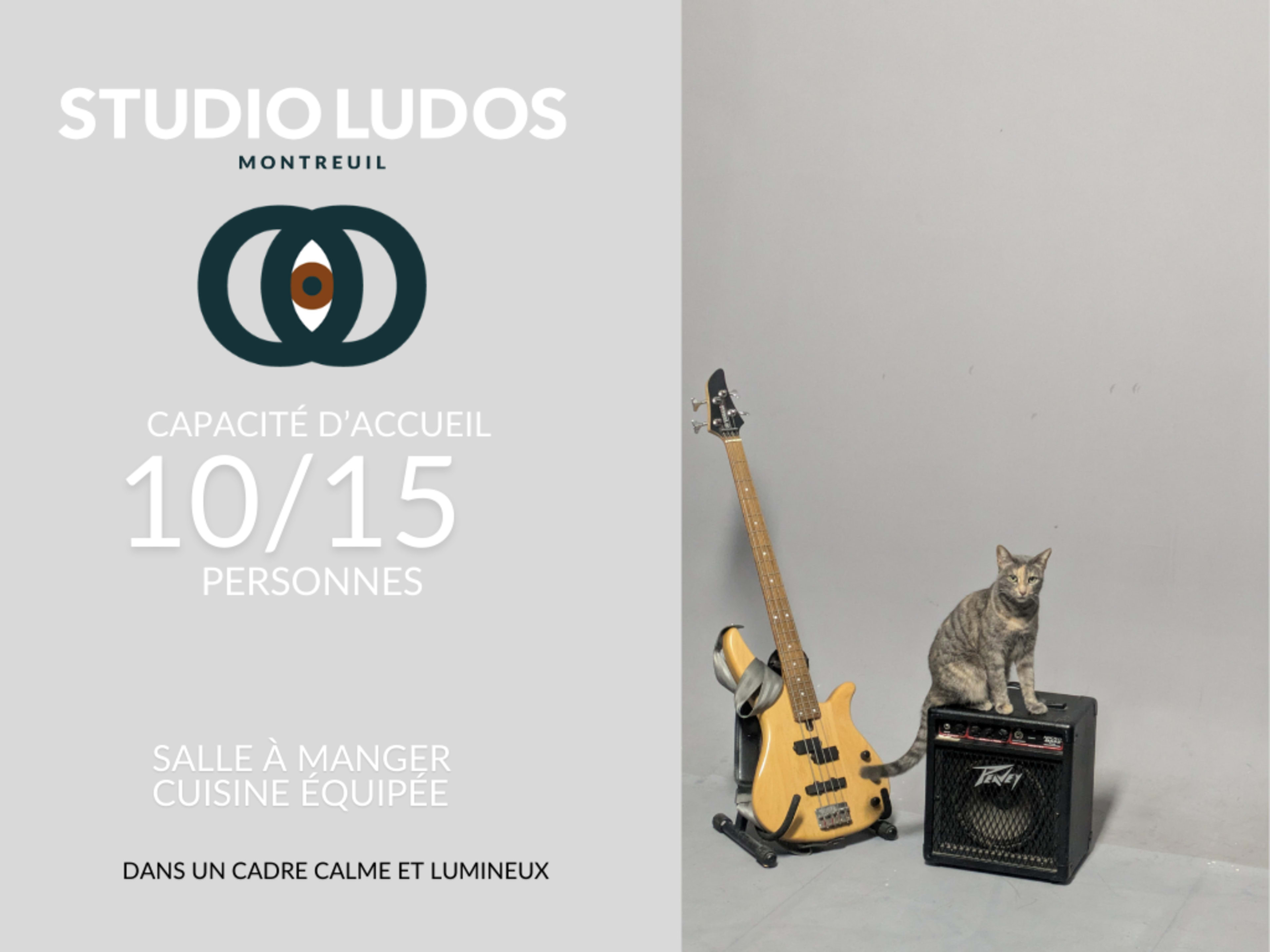 The image displays a promotional layout for "Studio Ludos" in Montreuil, featuring a bass guitar and a cat beside an amplifier against a plain background.